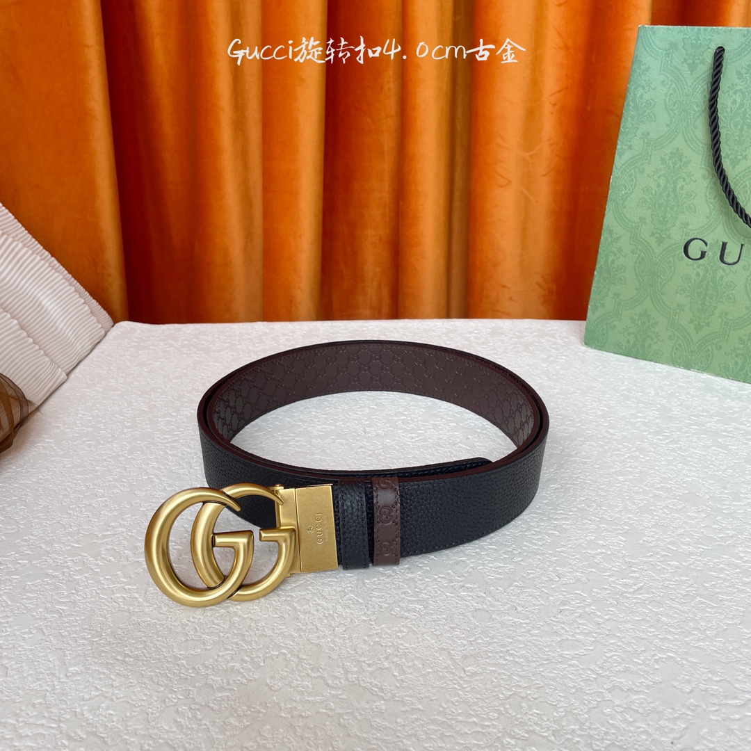  Gucci新款腰带，一面经典荔枝纹，一面咖色压小花，搭配专柜精品旋转扣，两面可用，宽4.0cm