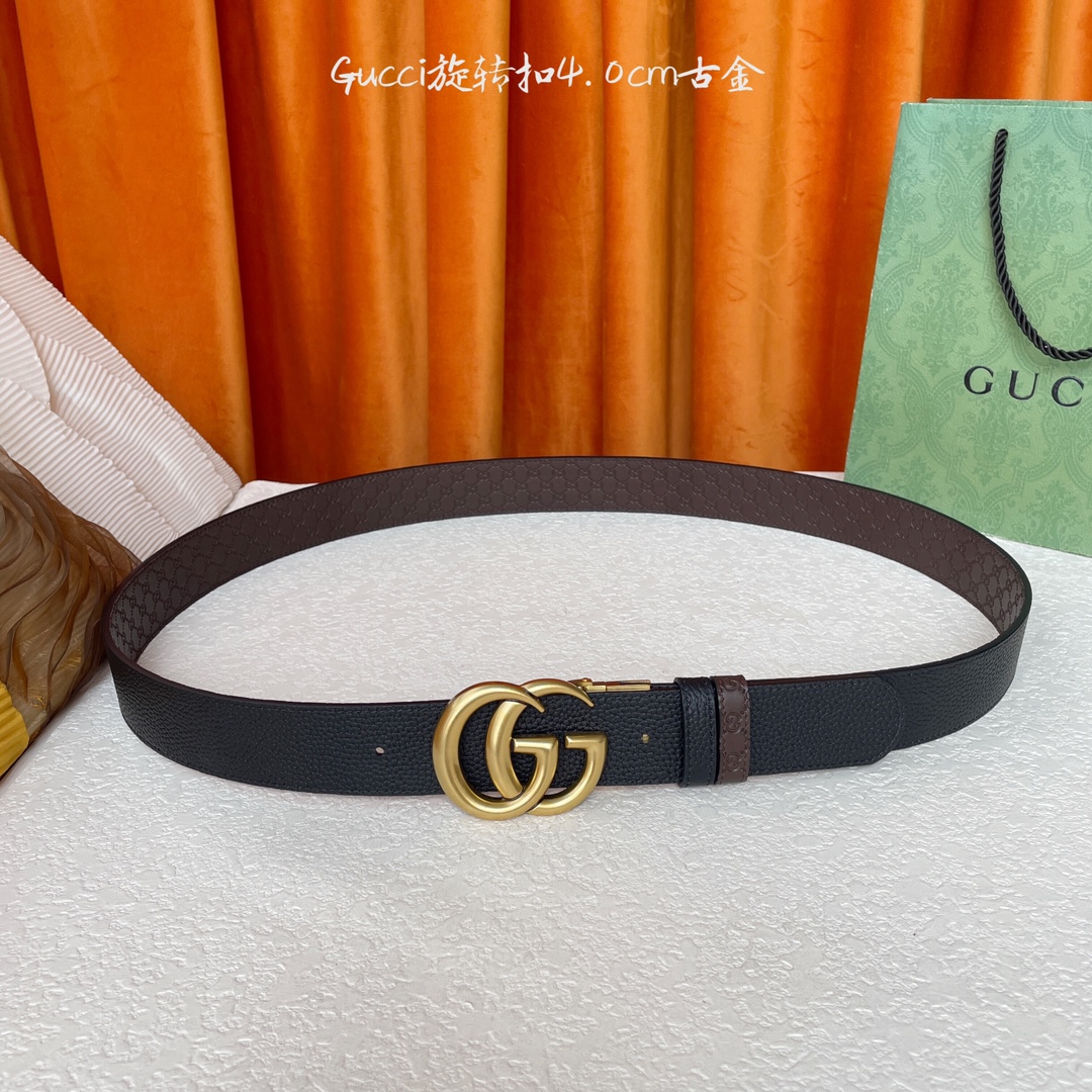  Gucci新款腰带，一面经典荔枝纹，一面咖色压小花，搭配专柜精品旋转扣，两面可用，宽4.0cm