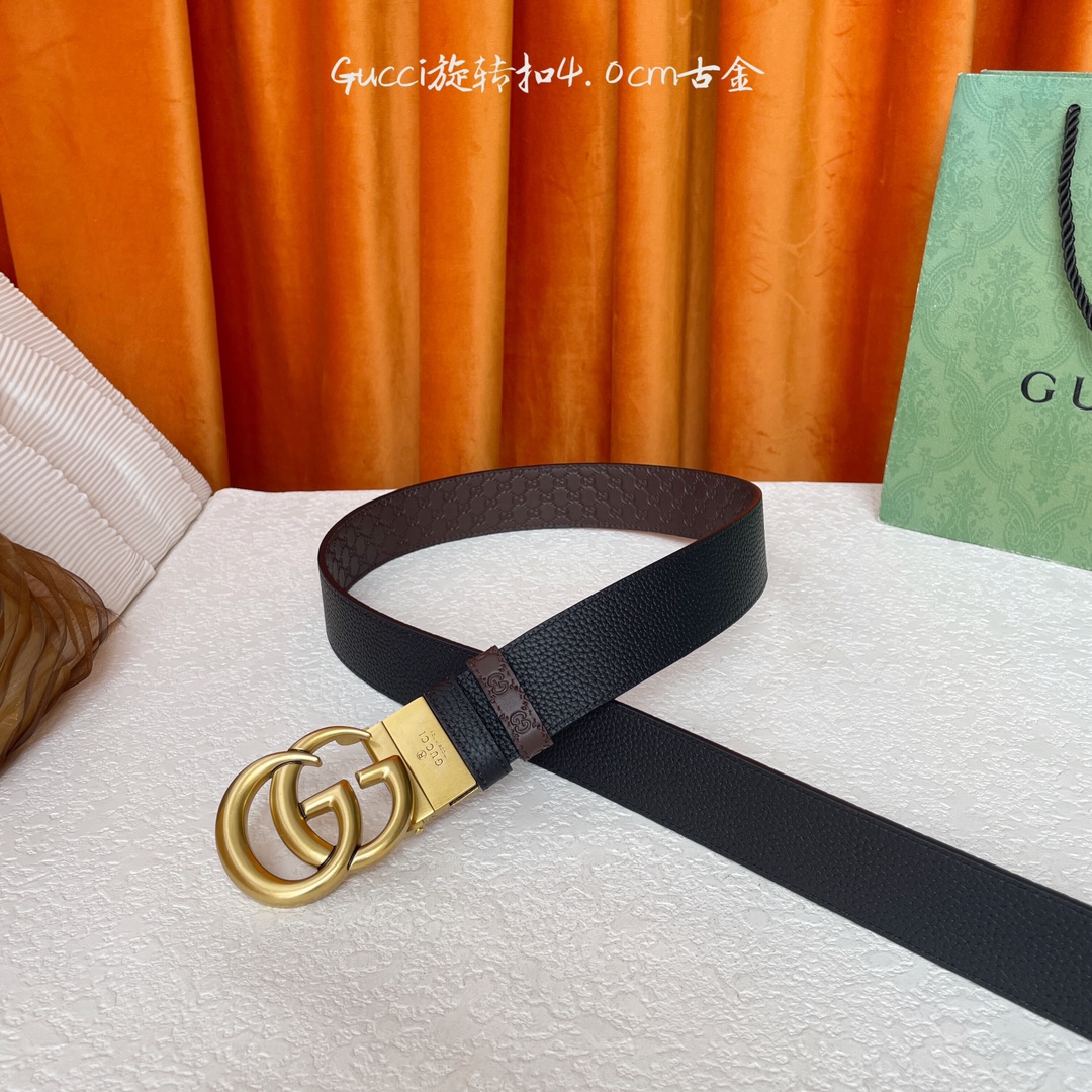  Gucci新款腰带，一面经典荔枝纹，一面咖色压小花，搭配专柜精品旋转扣，两面可用，宽4.0cm