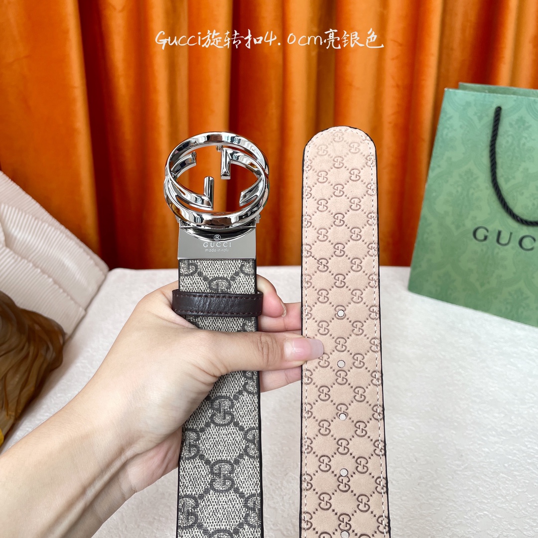  Gucci新款腰带，一面经典Pvc印花，一面沙底压小花，搭配专柜精品旋转扣，两面可用，宽4.0cm