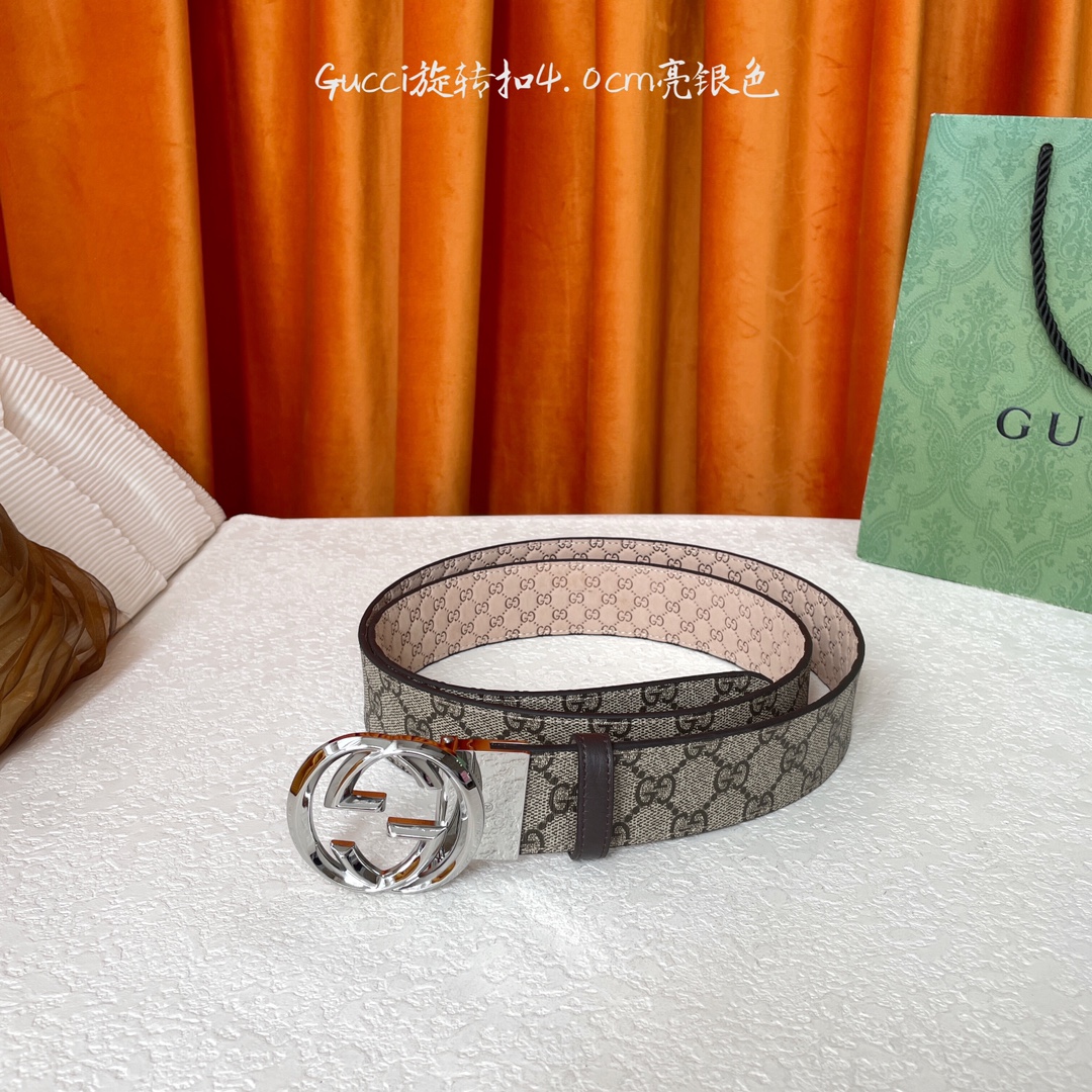  Gucci新款腰带，一面经典Pvc印花，一面沙底压小花，搭配专柜精品旋转扣，两面可用，宽4.0cm