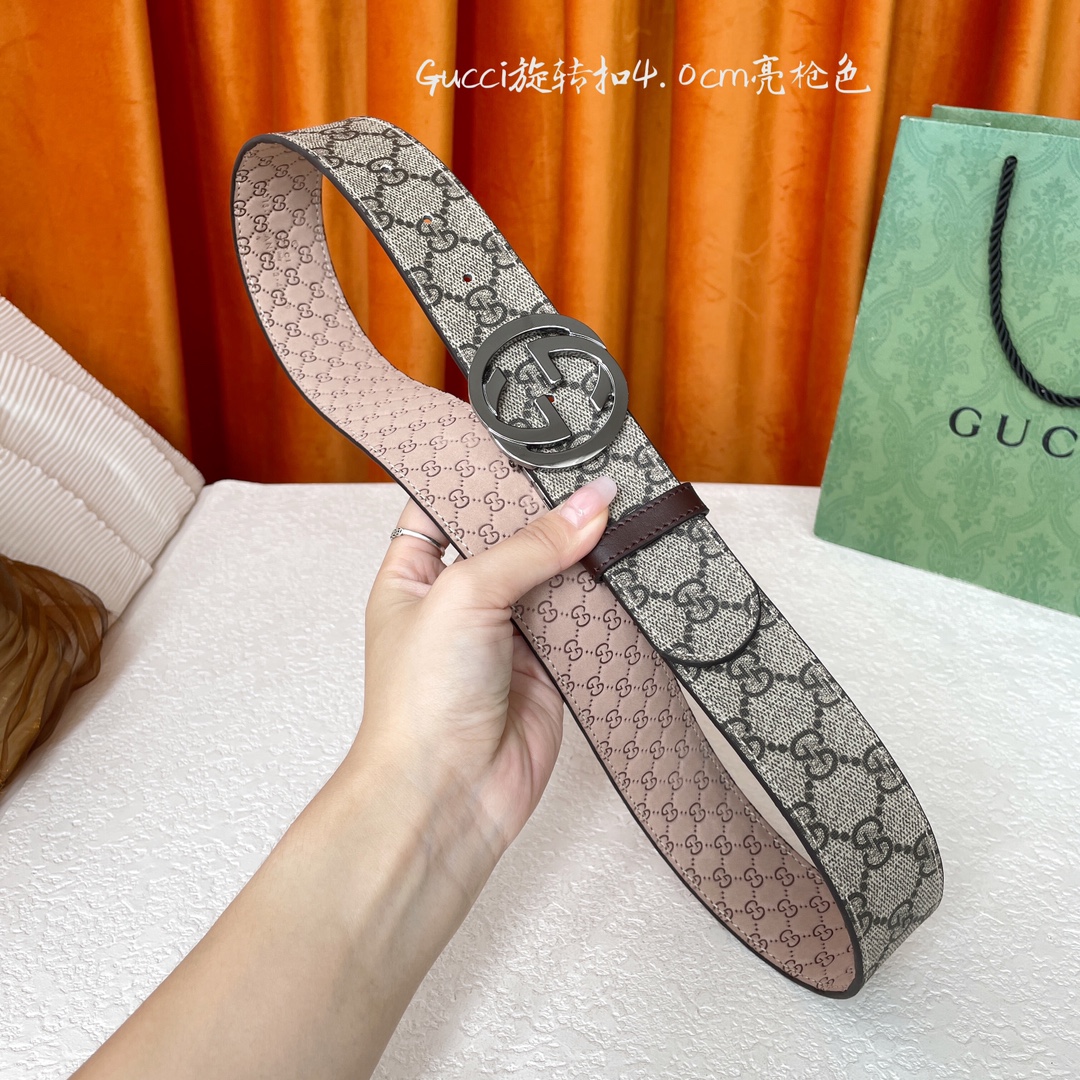  Gucci新款腰带，一面经典Pvc印花，一面沙底压小花，搭配专柜精品旋转扣，两面可用，宽4.0cm