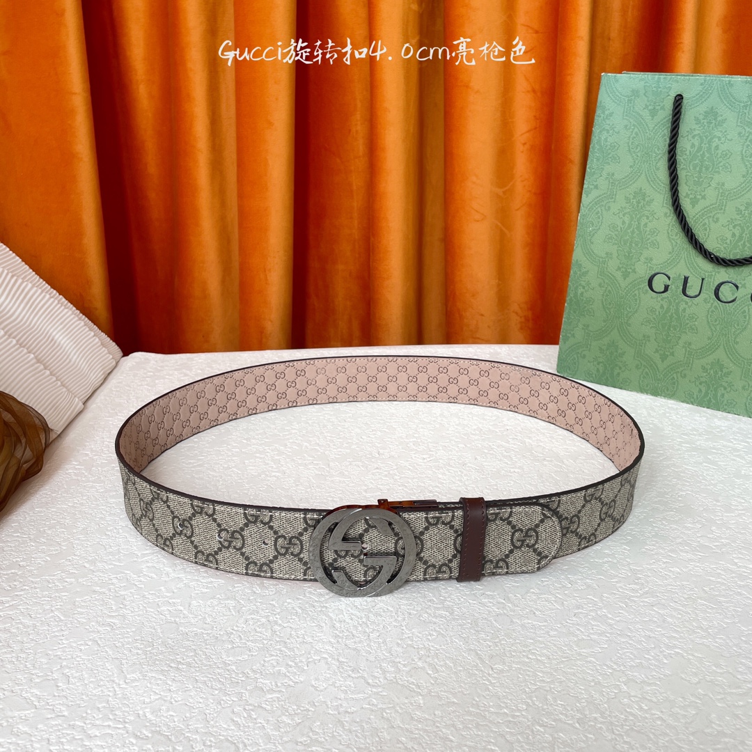  Gucci新款腰带，一面经典Pvc印花，一面沙底压小花，搭配专柜精品旋转扣，两面可用，宽4.0cm