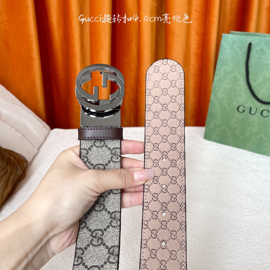  Gucci新款腰带，一面经典Pvc印花，一面沙底压小花，搭配专柜精品旋转扣，两面可用，宽4.0cm