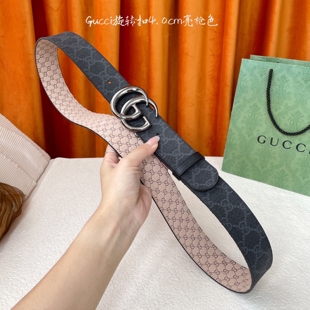  Gucci新款腰带，一面经典Pvc印花，一面沙底压小花，搭配专柜精品旋转扣，两面可用，宽4.0cm
