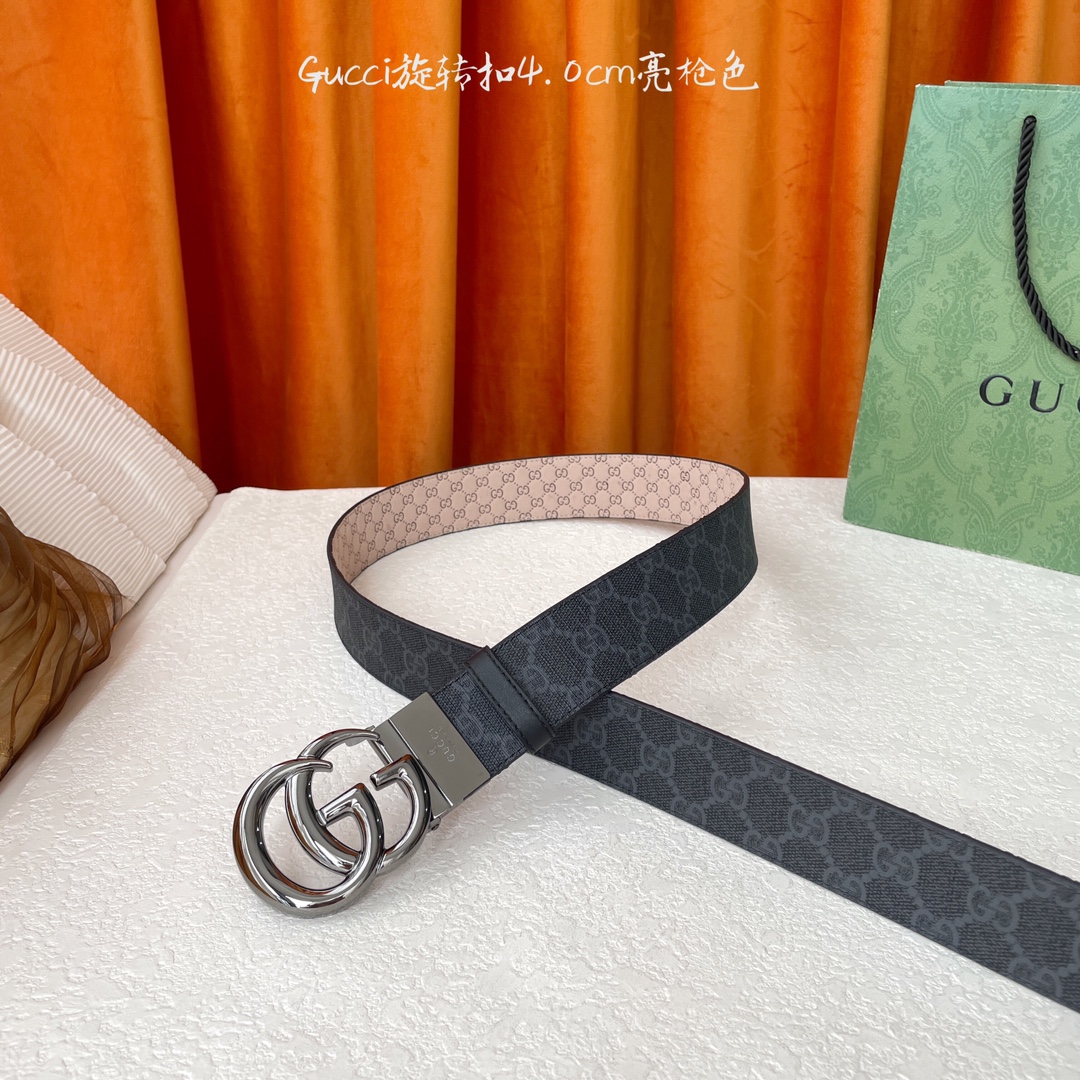  Gucci新款腰带，一面经典Pvc印花，一面沙底压小花，搭配专柜精品旋转扣，两面可用，宽4.0cm