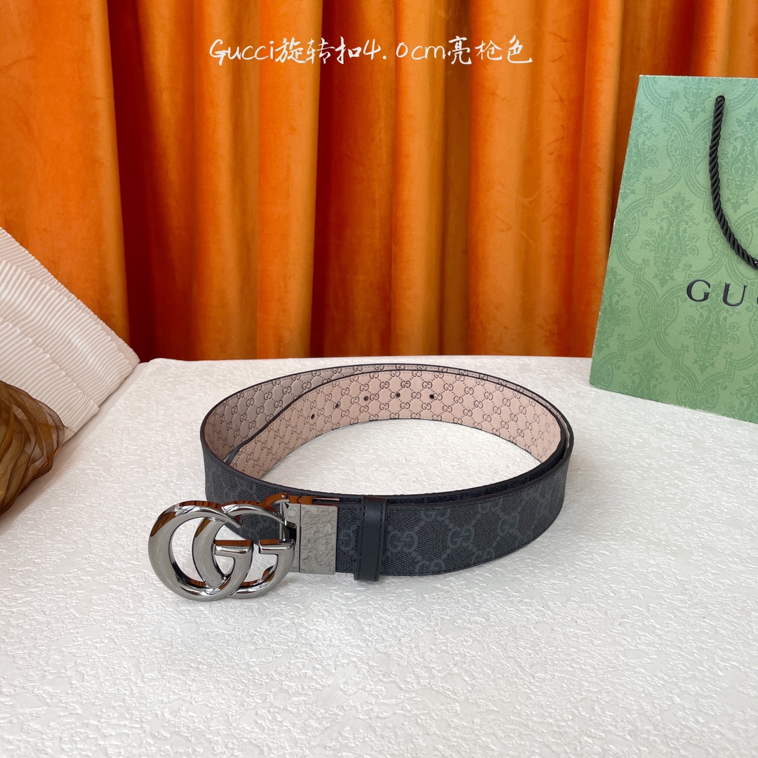  Gucci新款腰带，一面经典Pvc印花，一面沙底压小花，搭配专柜精品旋转扣，两面可用，宽4.0cm
