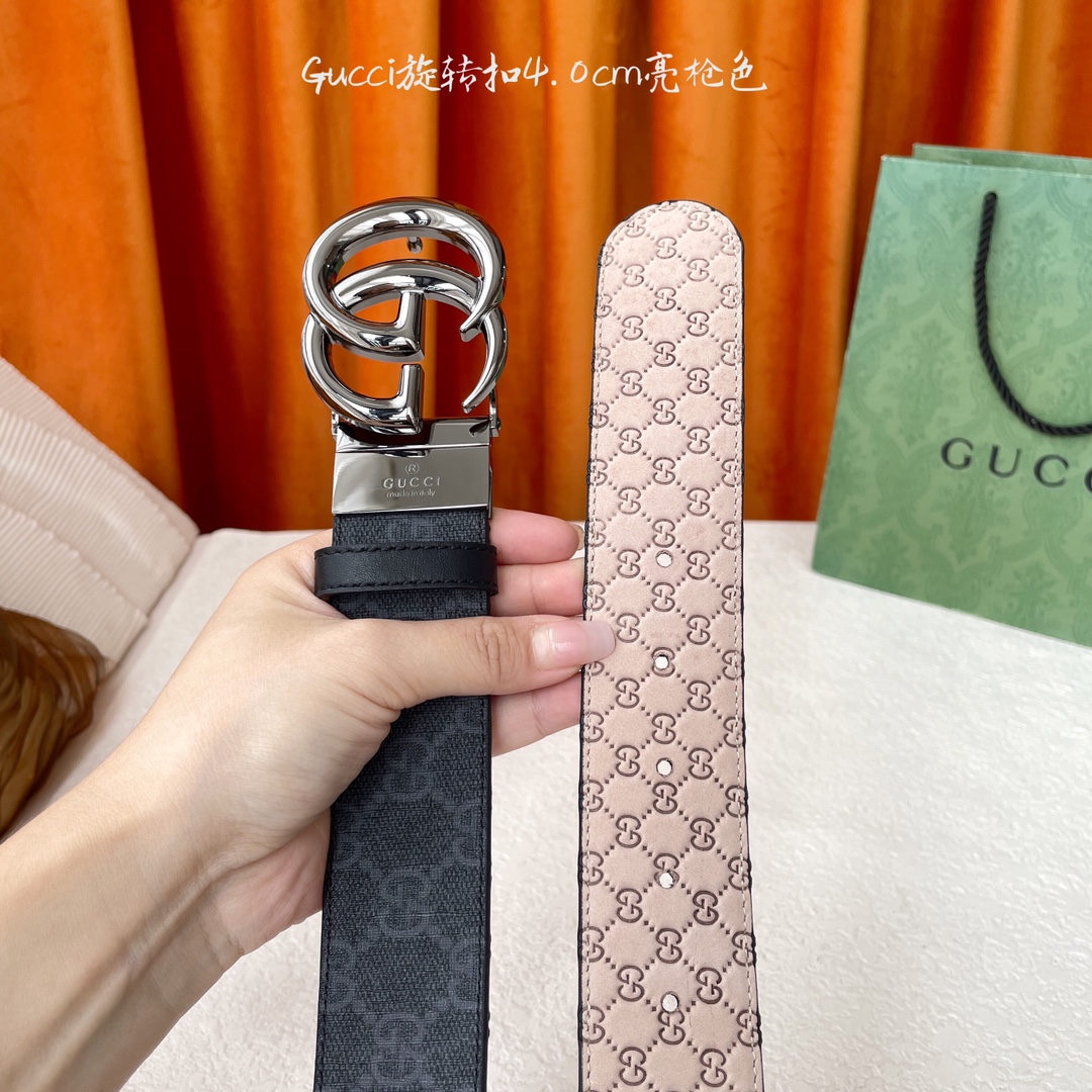  Gucci新款腰带，一面经典Pvc印花，一面沙底压小花，搭配专柜精品旋转扣，两面可用，宽4.0cm