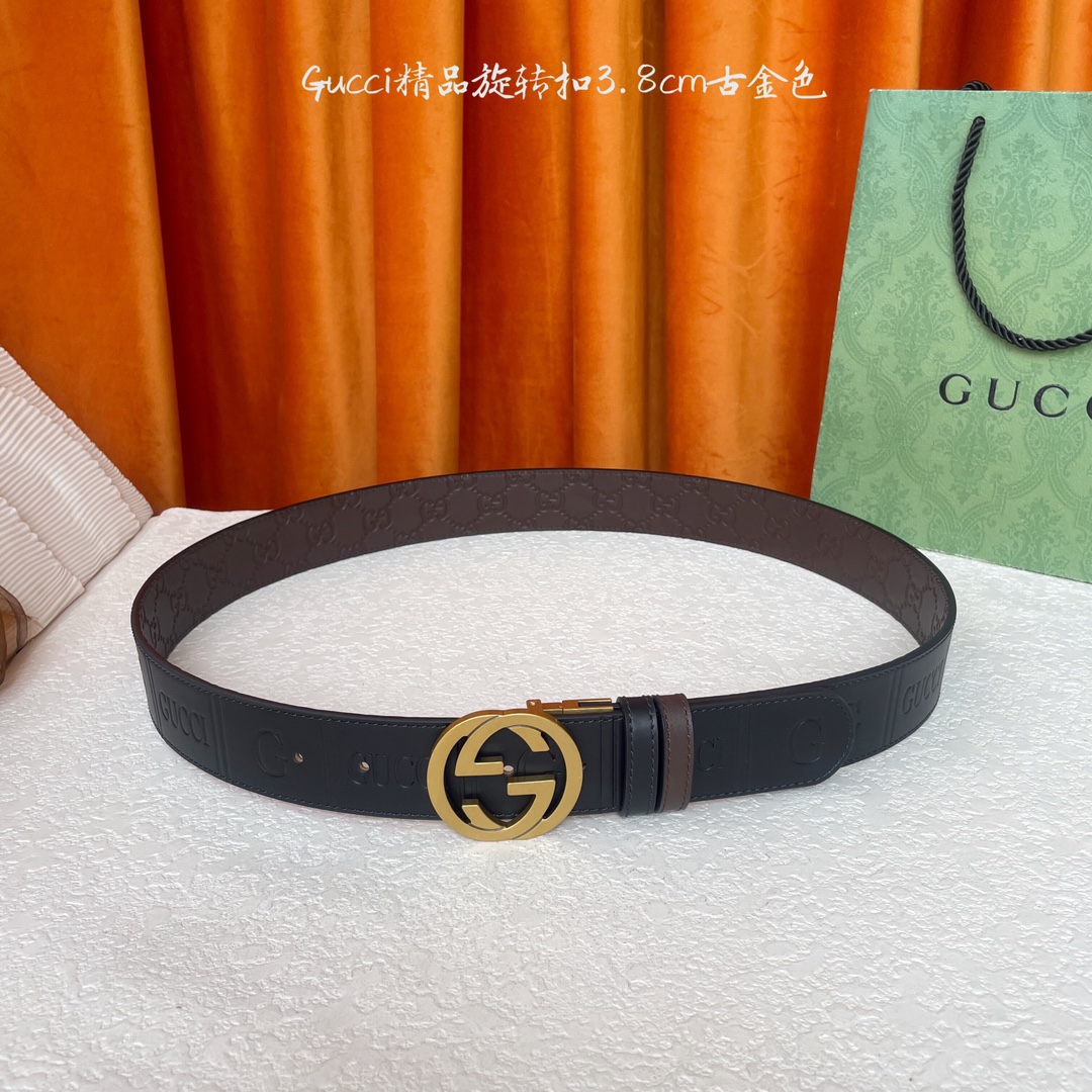  Gucci新款腰带，一面品牌logo压花，一面咖色压小花，搭配专柜精品旋转扣，两面可用，宽4.0cm