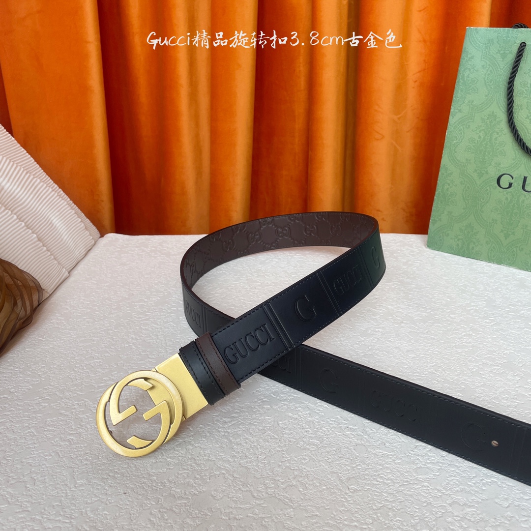  Gucci新款腰带，一面品牌logo压花，一面咖色压小花，搭配专柜精品旋转扣，两面可用，宽4.0cm