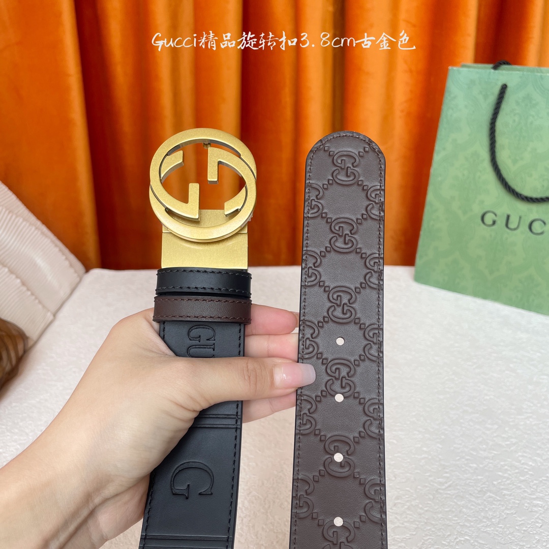  Gucci新款腰带，一面品牌logo压花，一面咖色压小花，搭配专柜精品旋转扣，两面可用，宽4.0cm