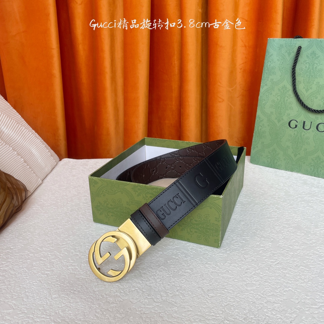  Gucci新款腰带，一面品牌logo压花，一面咖色压小花，搭配专柜精品旋转扣，两面可用，宽4.0cm