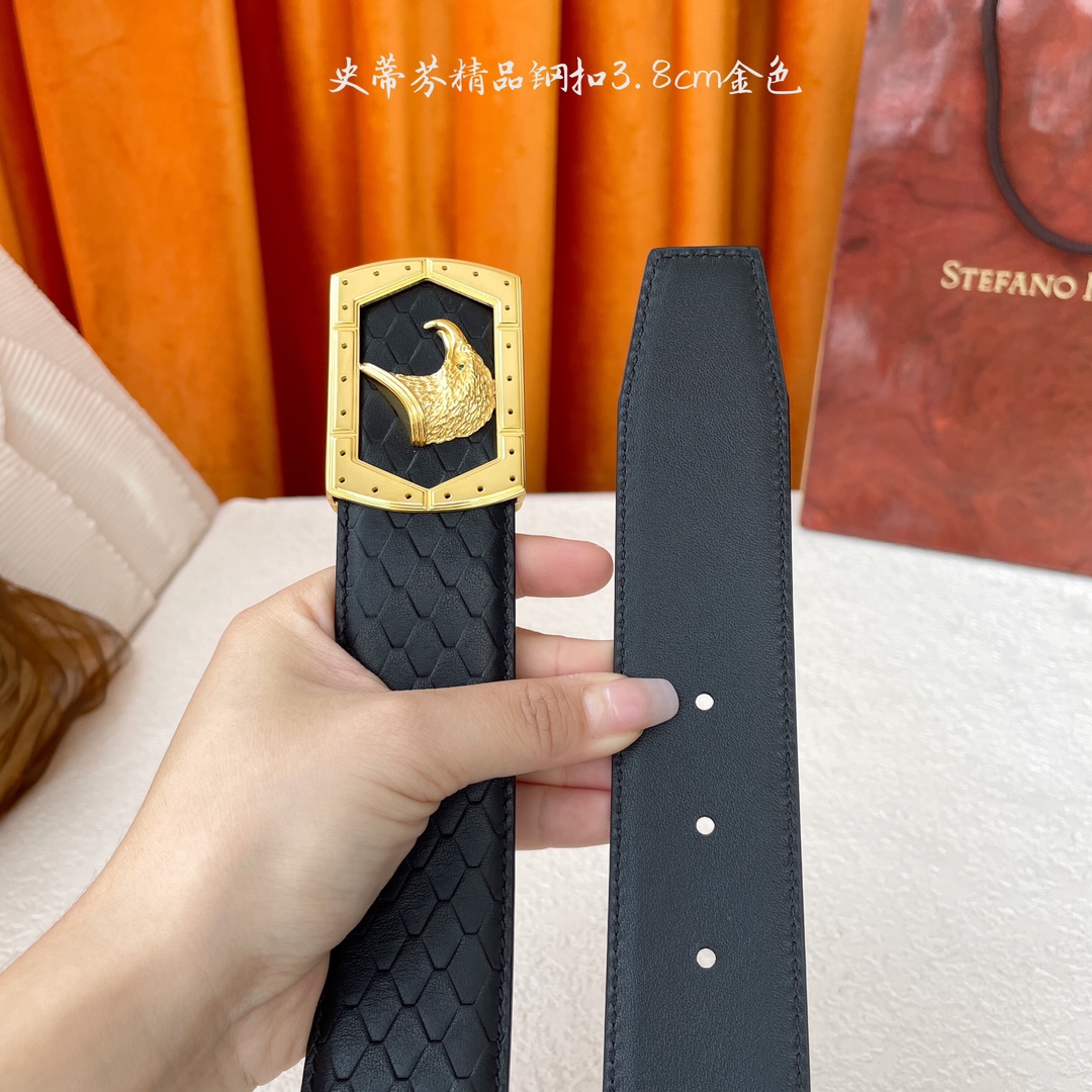  【史蒂芬】：原单双面进口小牛皮，搭配精品鹰头钢扣，原产皮料定制，宽度3.8cm，时尚大方，百搭单品。