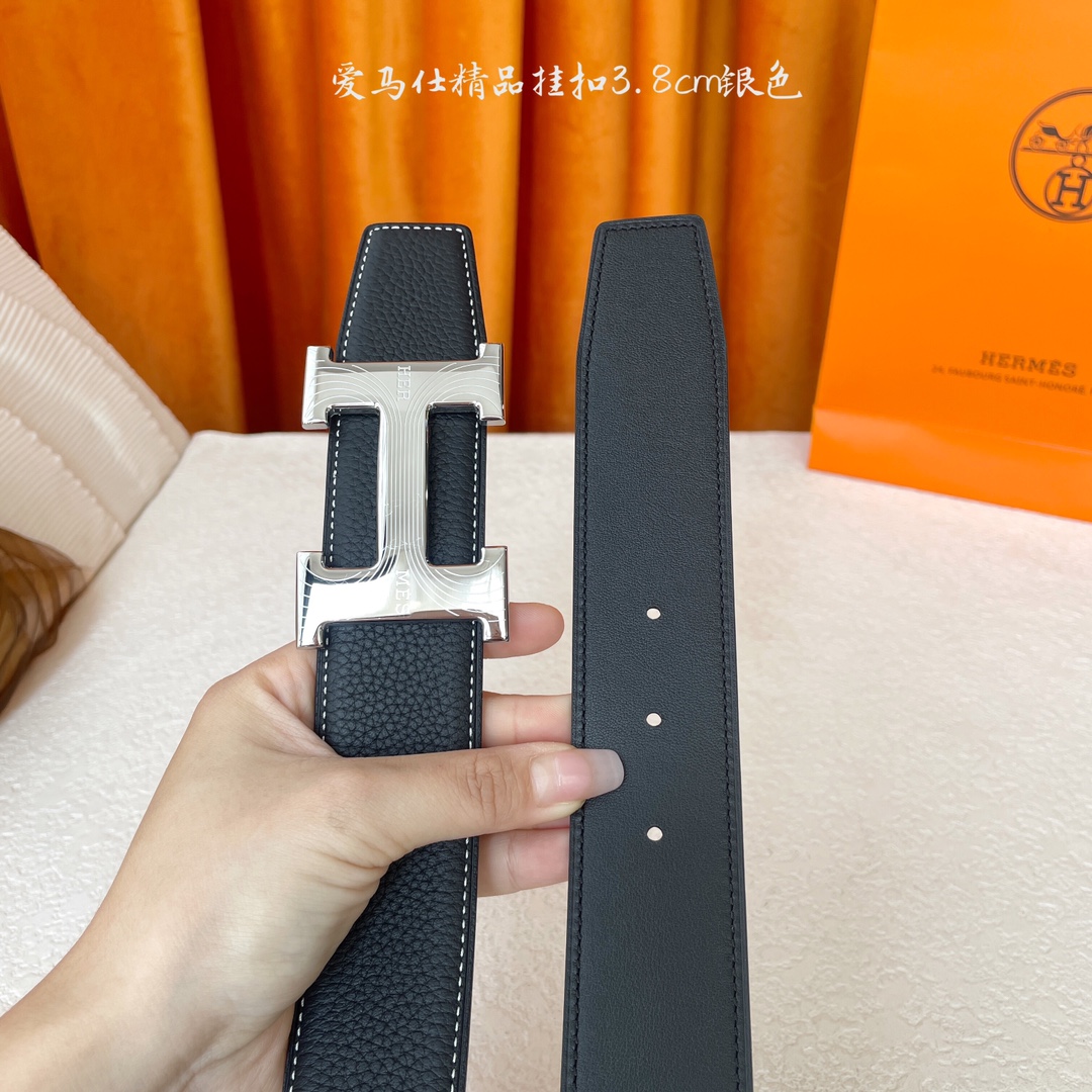 【爱马仕】Hermes 原单爱马仕，宽3.8cm进口原版皮带身，双面可两面用，精品电镀五金 ！