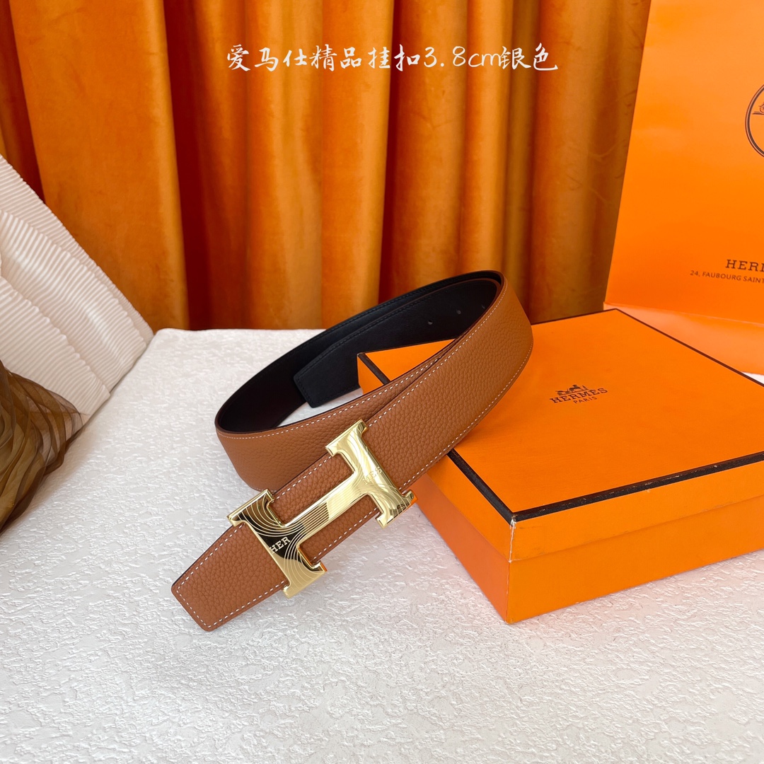 【爱马仕】Hermes 原单爱马仕，宽3.8cm进口原版皮带身，双面可两面用，精品电镀五金 ！