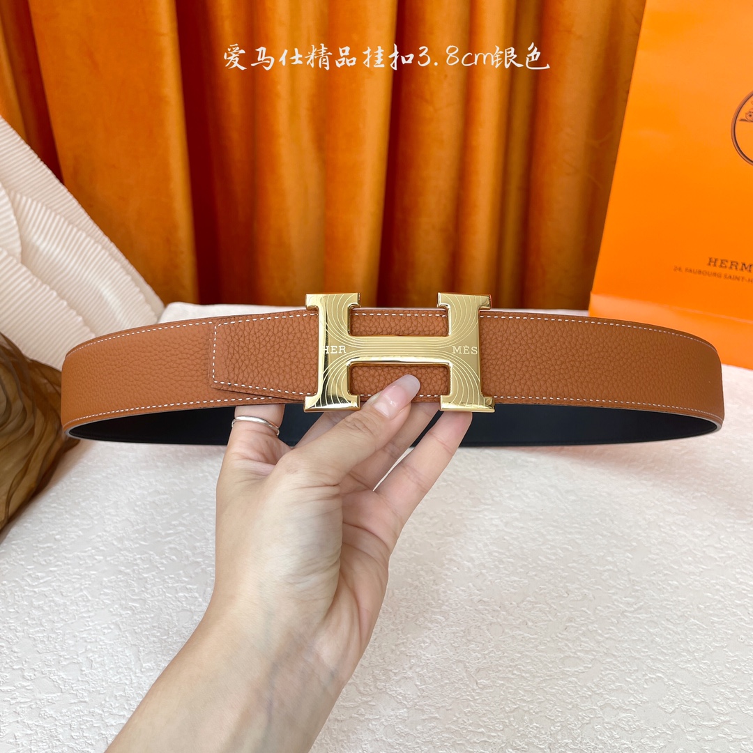 【爱马仕】Hermes 原单爱马仕，宽3.8cm进口原版皮带身，双面可两面用，精品电镀五金 ！