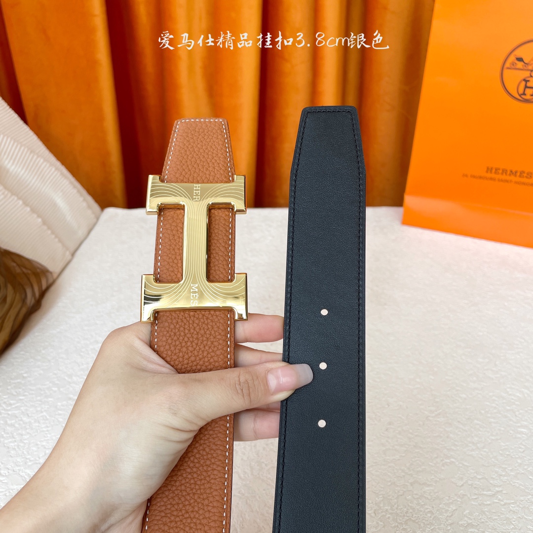 【爱马仕】Hermes 原单爱马仕，宽3.8cm进口原版皮带身，双面可两面用，精品电镀五金 ！