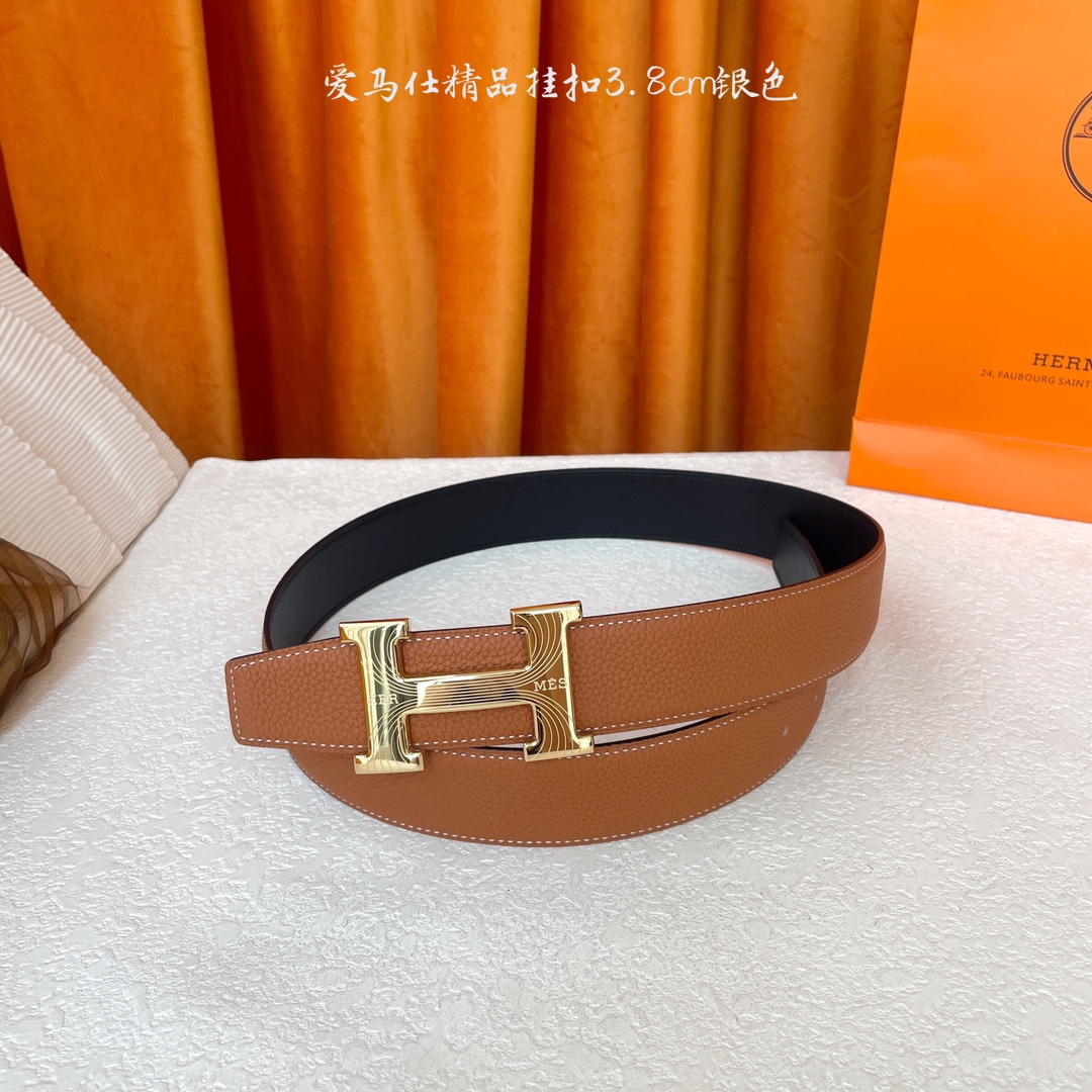 【爱马仕】Hermes 原单爱马仕，宽3.8cm进口原版皮带身，双面可两面用，精品电镀五金 ！