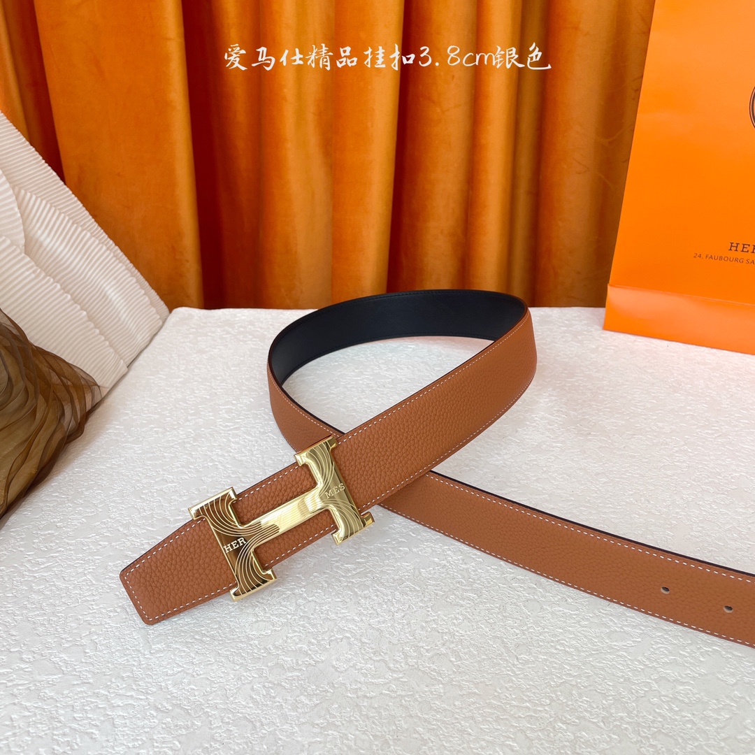 【爱马仕】Hermes 原单爱马仕，宽3.8cm进口原版皮带身，双面可两面用，精品电镀五金 ！