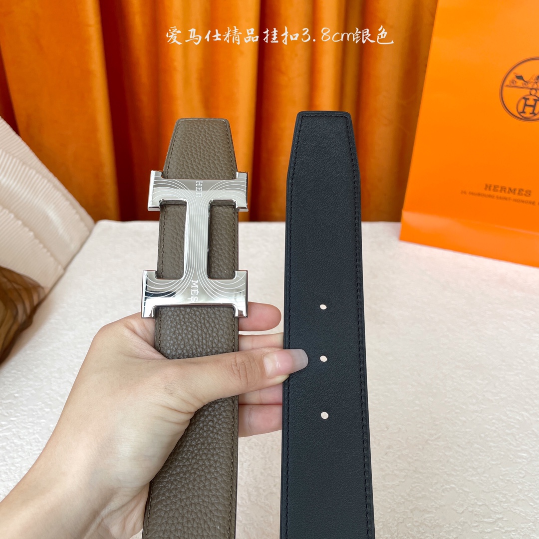 【爱马仕】Hermes 原单爱马仕，宽3.8cm进口原版皮带身，双面可两面用，精品电镀五金 ！