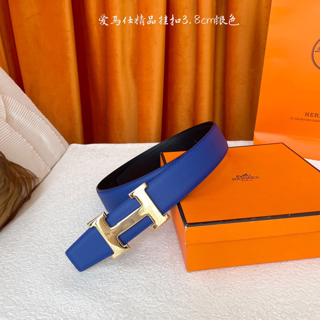 【爱马仕】Hermes 原单爱马仕，宽3.8cm进口原版皮带身，双面可两面用，精品电镀五金 ！