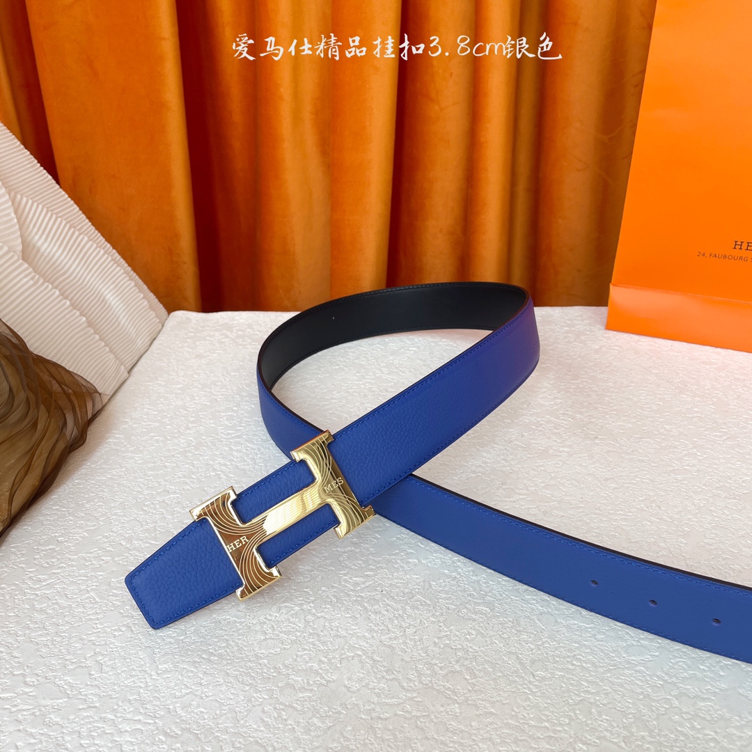 【爱马仕】Hermes 原单爱马仕，宽3.8cm进口原版皮带身，双面可两面用，精品电镀五金 ！