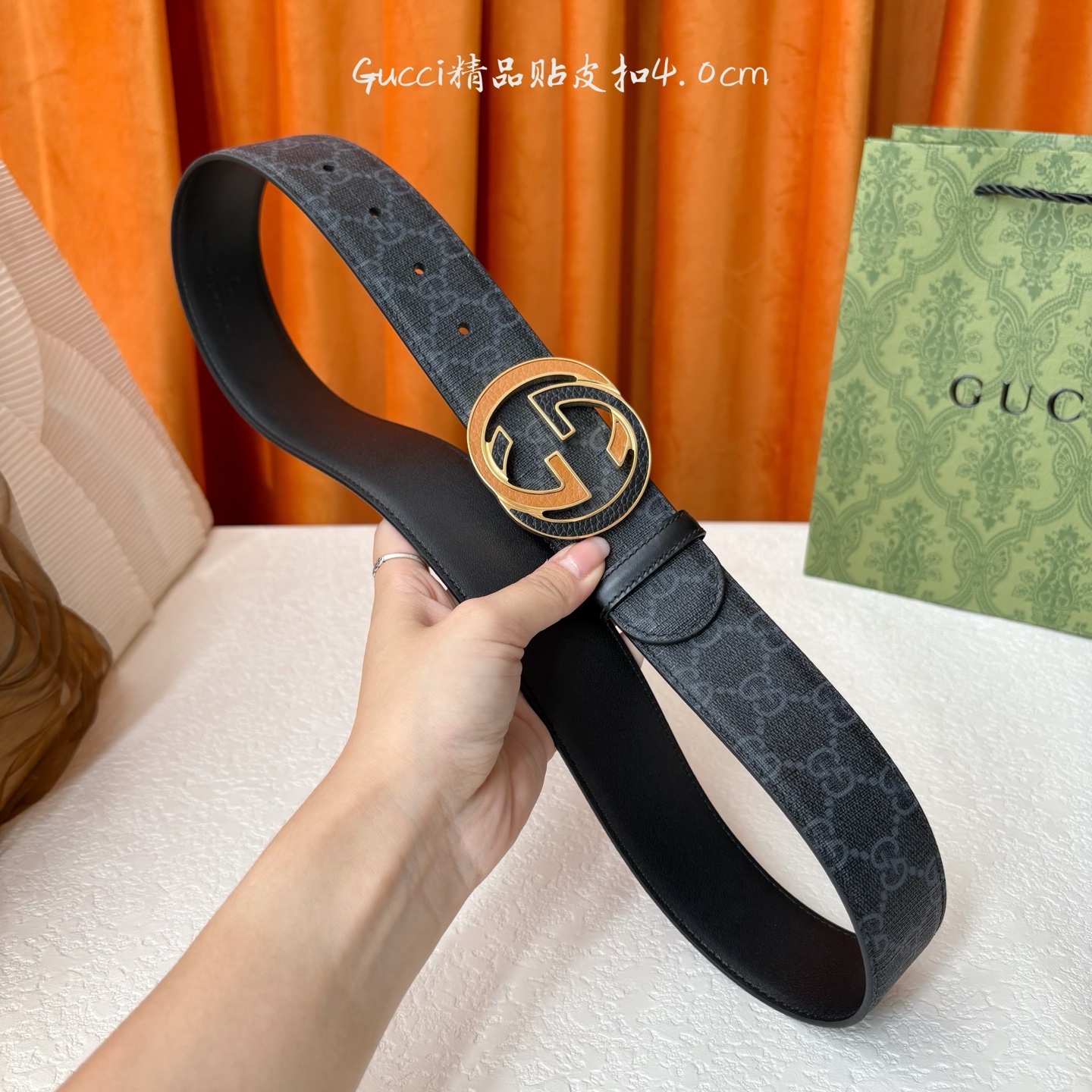 Gucci 经典款印花面 搭配原版皮底 精品贴皮扣 宽4.0 Cm 经典永不过时款 潮流大方 时尚百搭