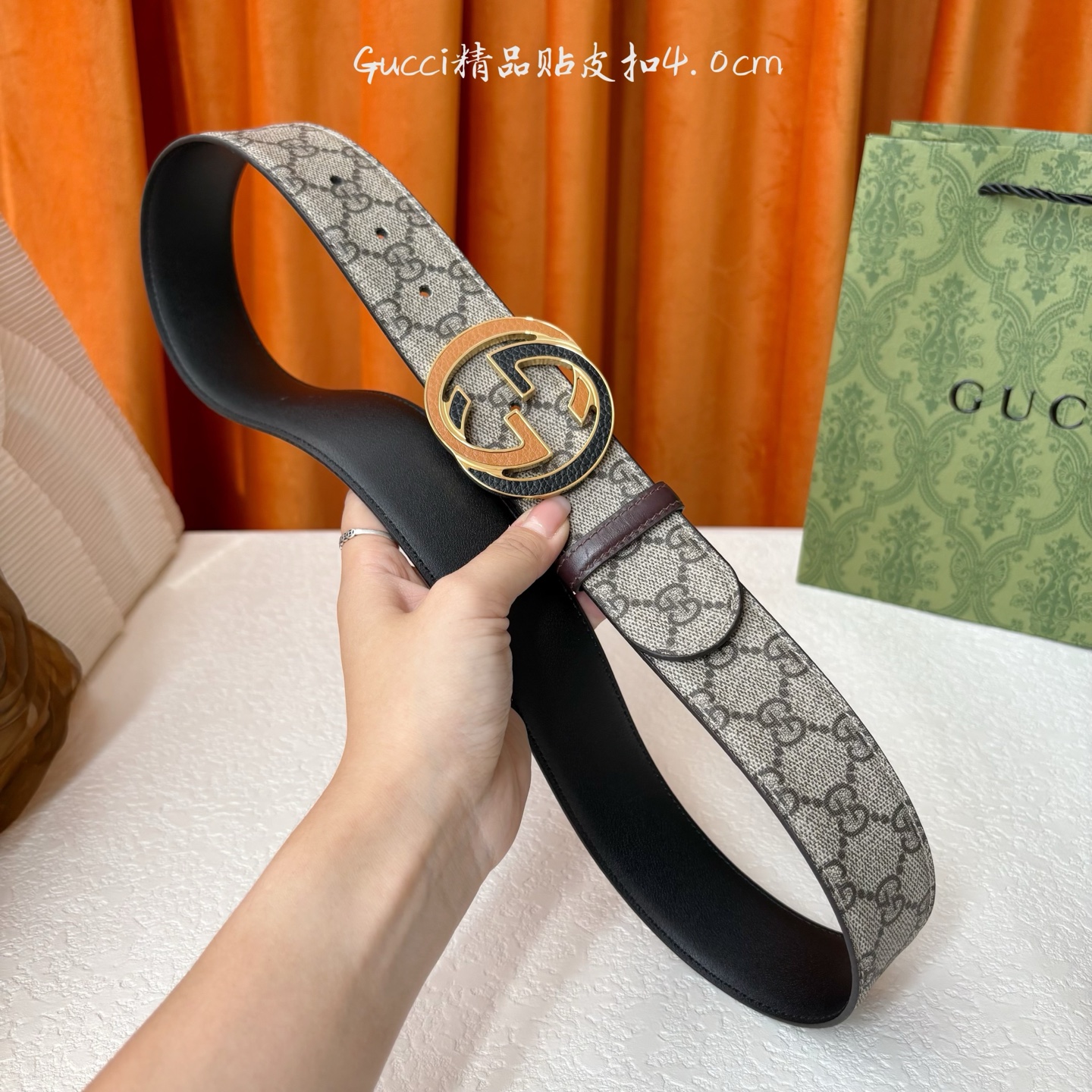 Gucci 经典款印花面 搭配原版皮底 精品贴皮扣 宽4.0 Cm 经典永不过时款 潮流大方 时尚百搭