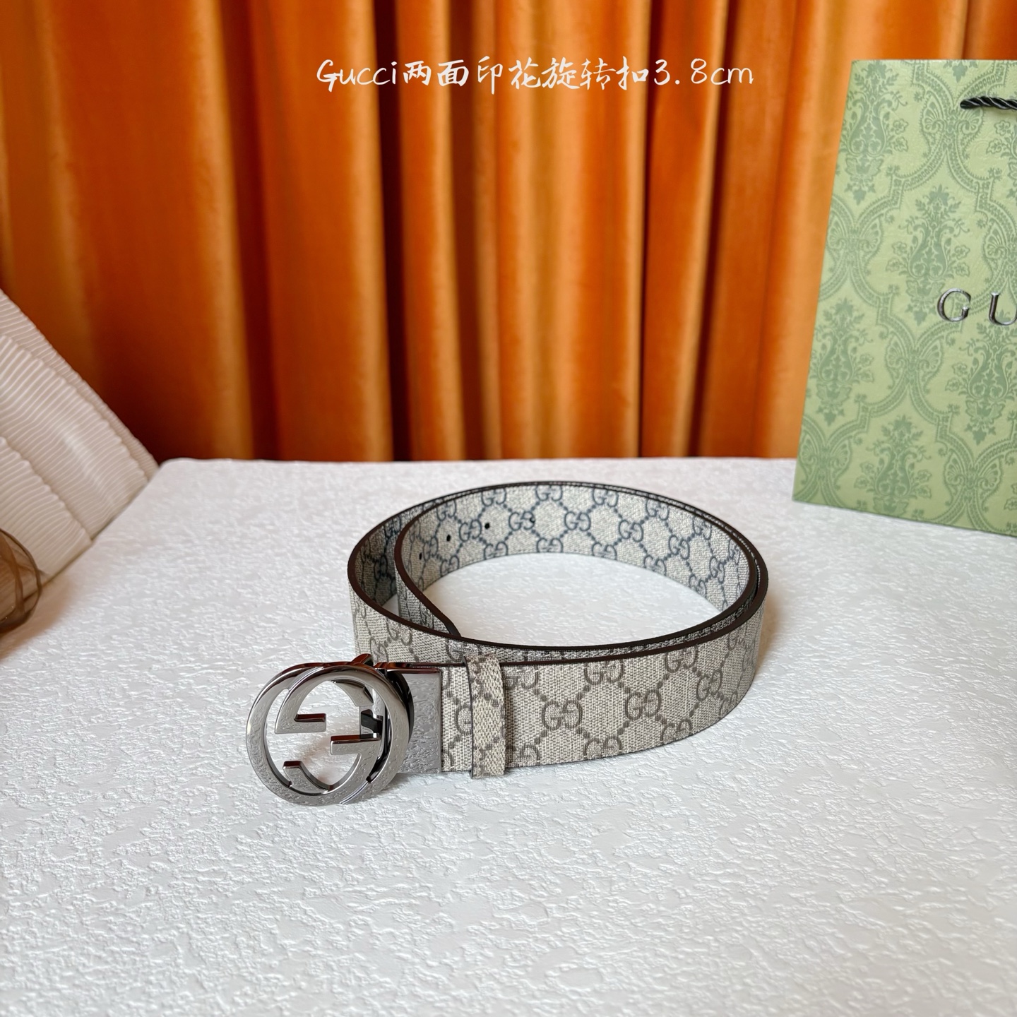 Gucci新款腰带 双面品牌logo印花 搭配专柜精品旋转扣 宽3 8cm