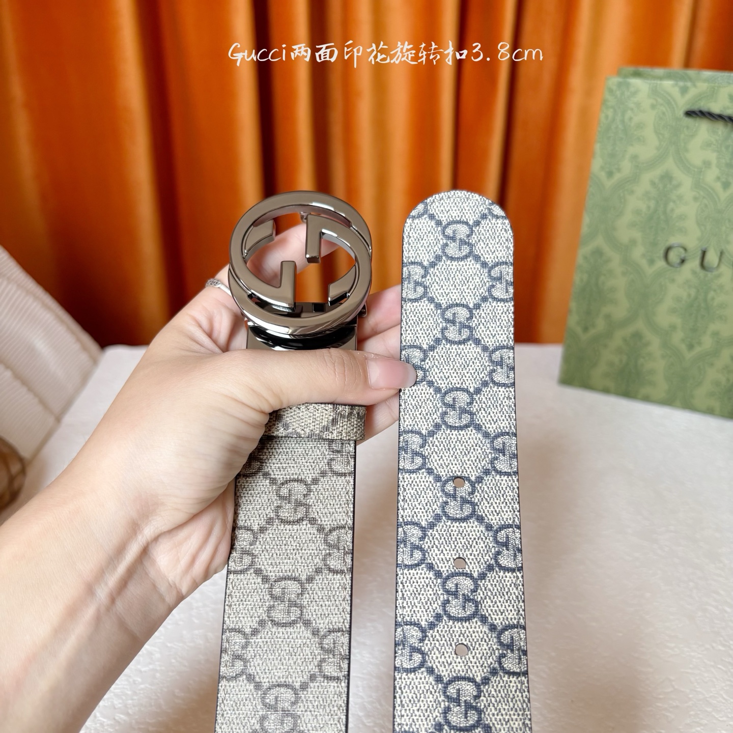 Gucci新款腰带 双面品牌logo印花 搭配专柜精品旋转扣 宽3 8cm