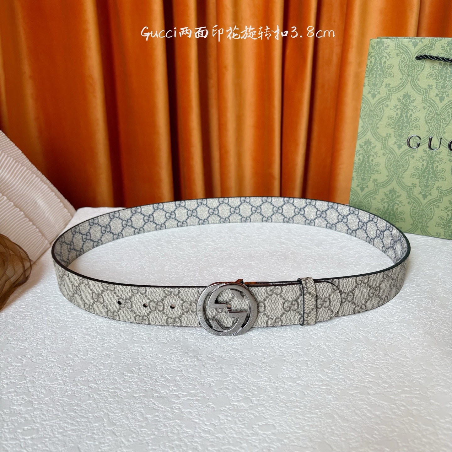 Gucci新款腰带 双面品牌logo印花 搭配专柜精品旋转扣 宽3 8cm