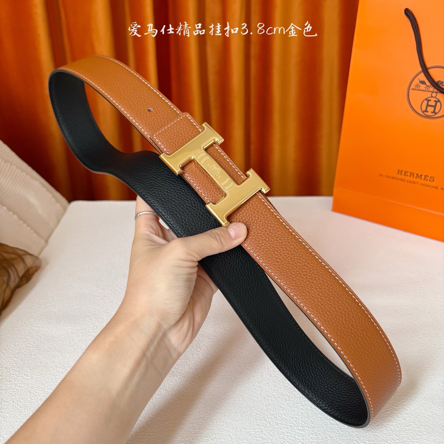 【爱马仕】Hermes 原单爱马仕，宽3.8cm进口原版皮带身，双面可两面用，精品电镀五金 ！