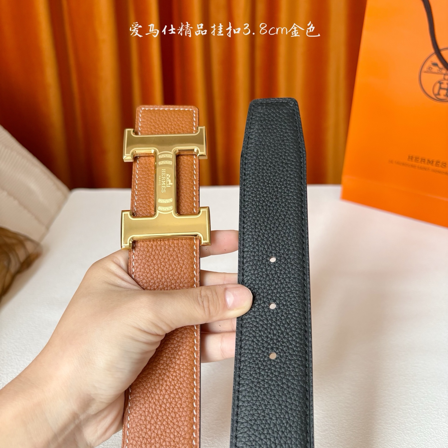 【爱马仕】Hermes 原单爱马仕，宽3.8cm进口原版皮带身，双面可两面用，精品电镀五金 ！