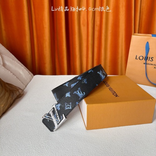 Louis Vuitton Belt Black Leather with Blue Monogram and Silver Buckle 1 Louis Vuitton Belt Black Leather with Blue Monogram and Silver Buckle