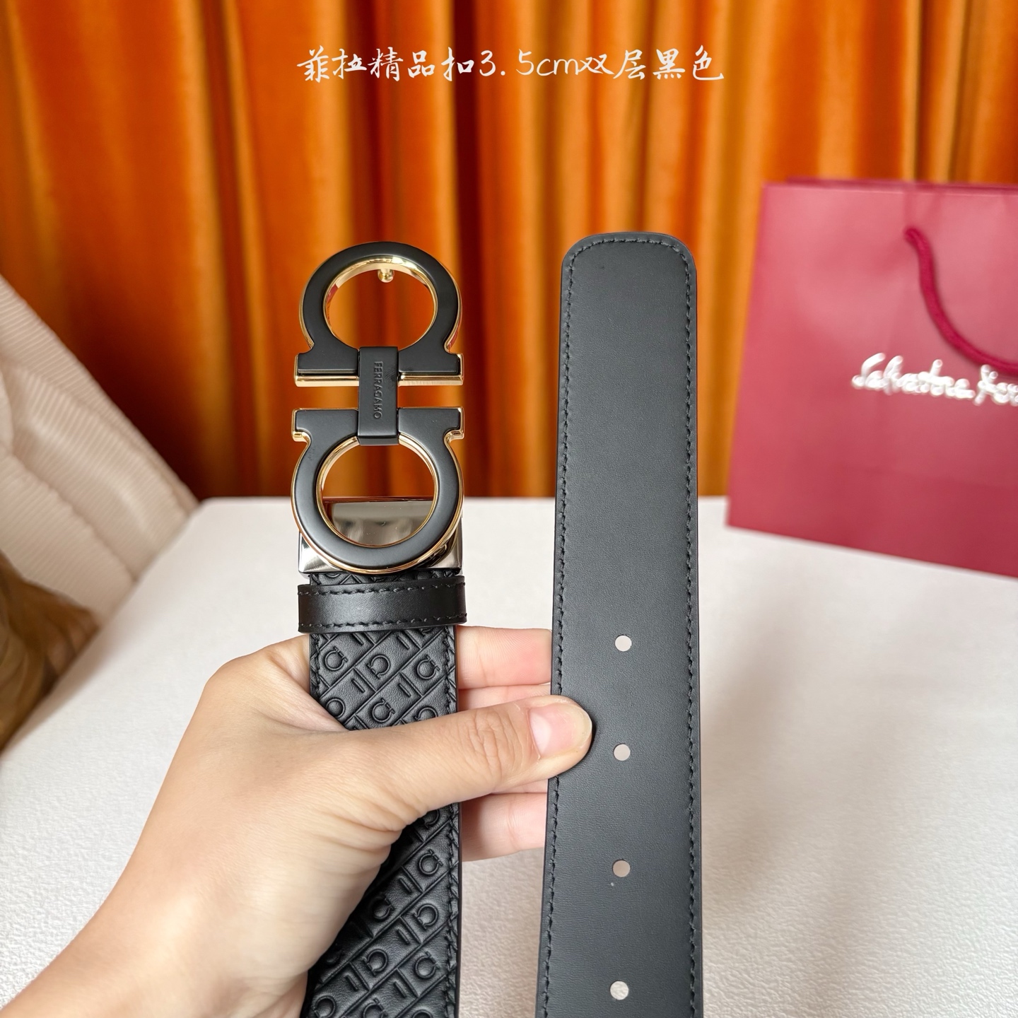 菲拉格慕男款进口小牛皮，手感细腻柔软。搭配纯铜精品扣，男士必备！宽度：3.5cm