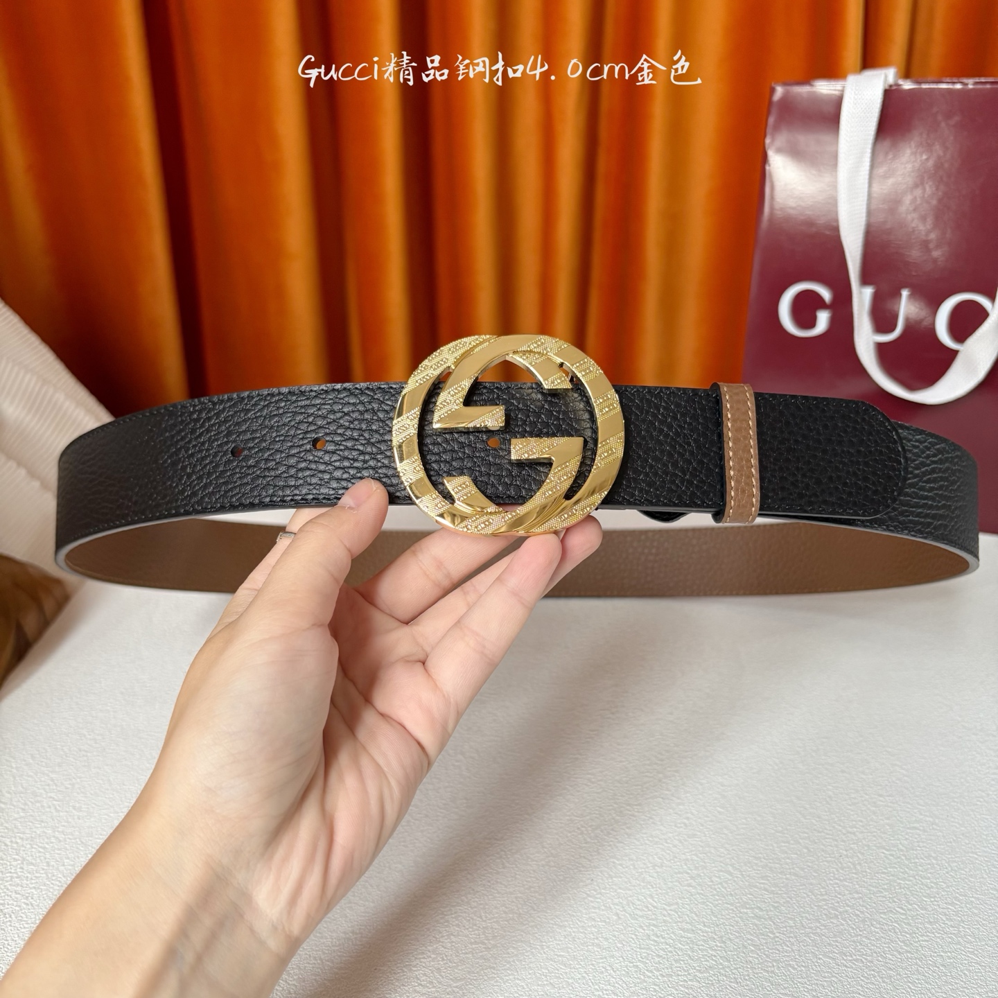 Gucci 经典款荔枝纹面 搭配原版双色荔枝纹底 精品钢扣 宽4.0 Cm 经典永不过时款 潮流大方 时