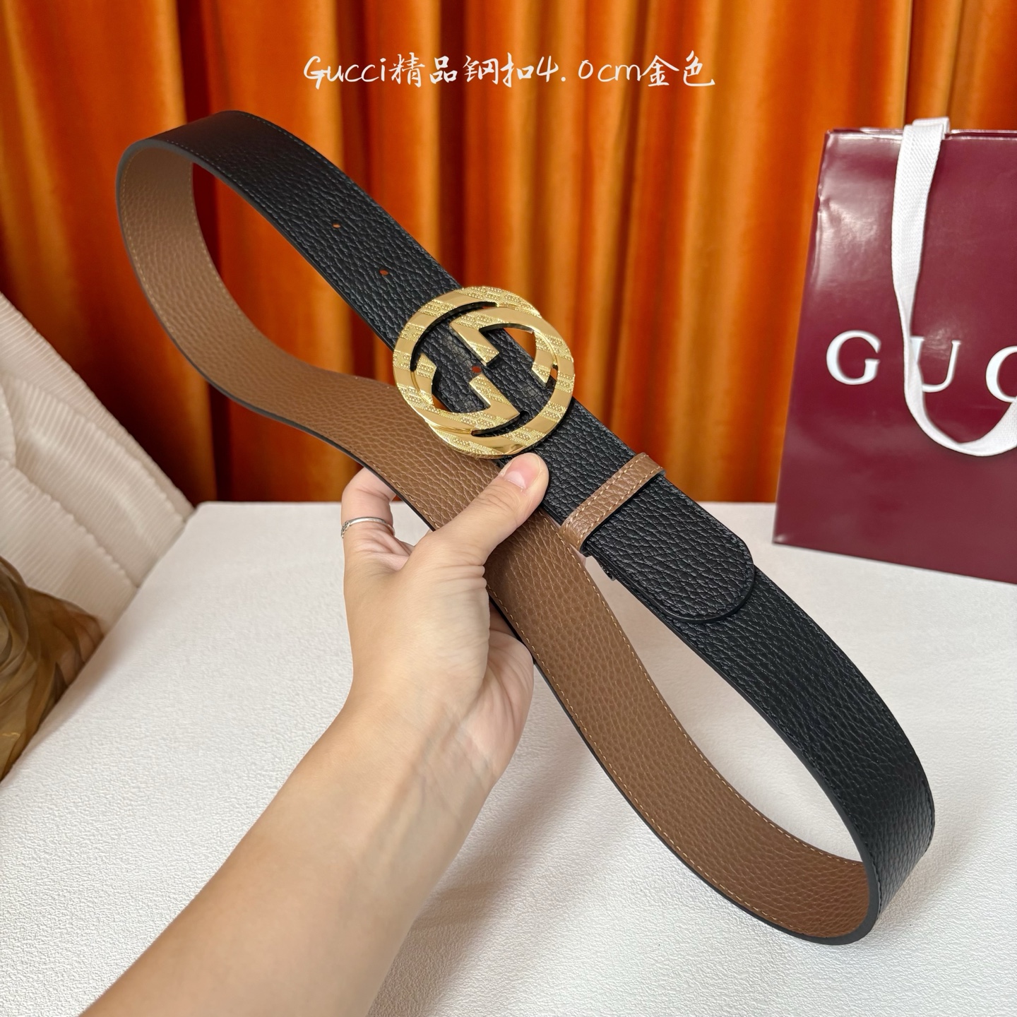 Gucci 经典款荔枝纹面 搭配原版双色荔枝纹底 精品钢扣 宽4.0 Cm 经典永不过时款 潮流大方 时