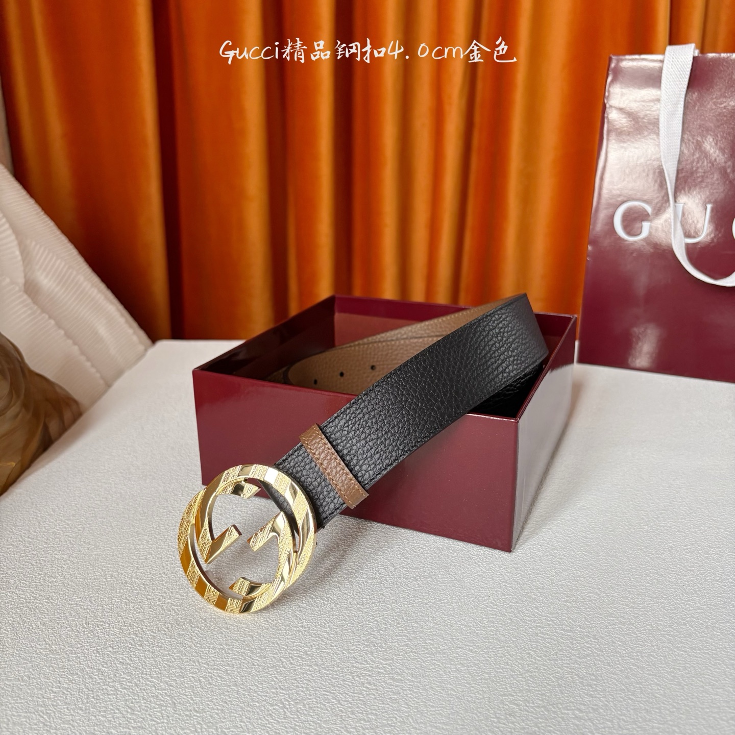 Gucci 经典款荔枝纹面 搭配原版双色荔枝纹底 精品钢扣 宽4.0 Cm 经典永不过时款 潮流大方 时