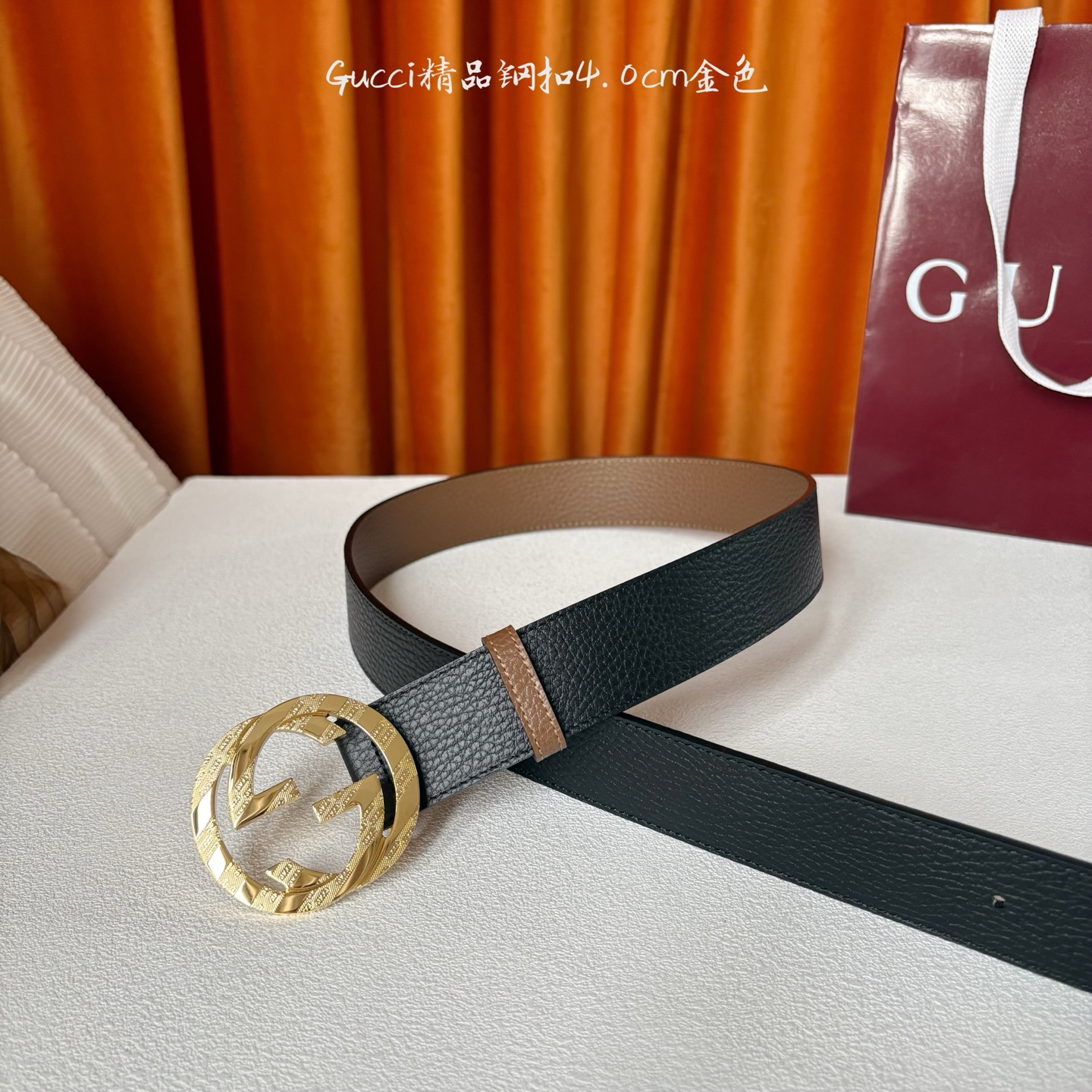 Gucci 经典款荔枝纹面 搭配原版双色荔枝纹底 精品钢扣 宽4.0 Cm 经典永不过时款 潮流大方 时