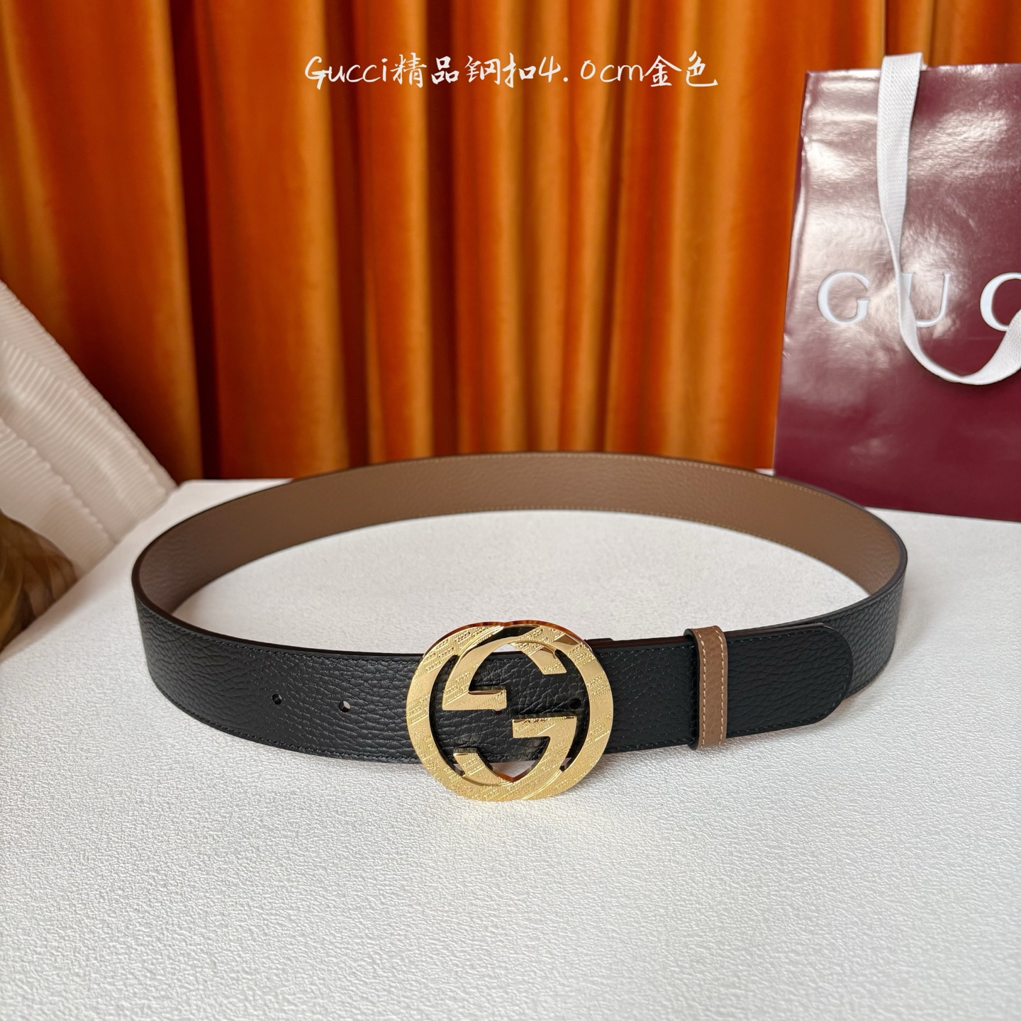 Gucci 经典款荔枝纹面 搭配原版双色荔枝纹底 精品钢扣 宽4.0 Cm 经典永不过时款 潮流大方 时