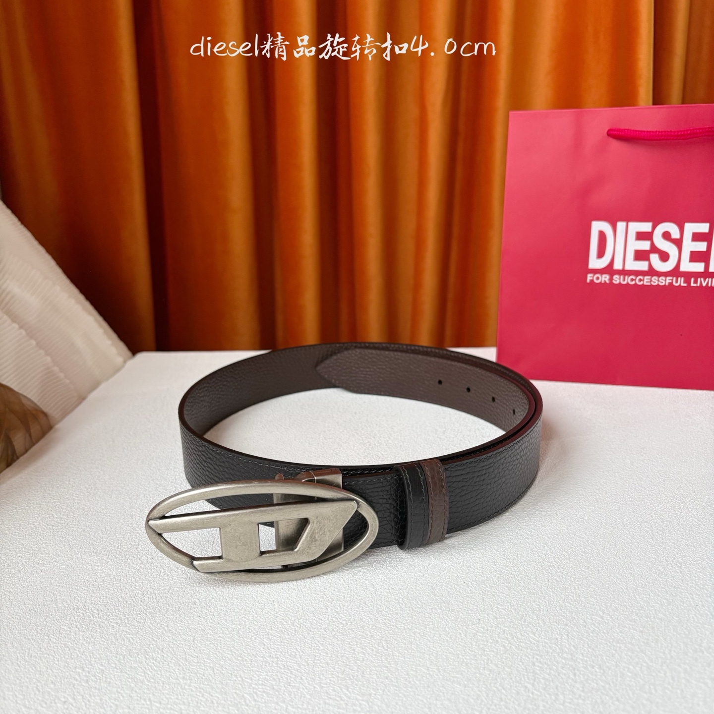 Diesel新款logo扣环皮质腰带 进口双面荔枝纹 精品旋转扣 双面可用 宽4.0cm