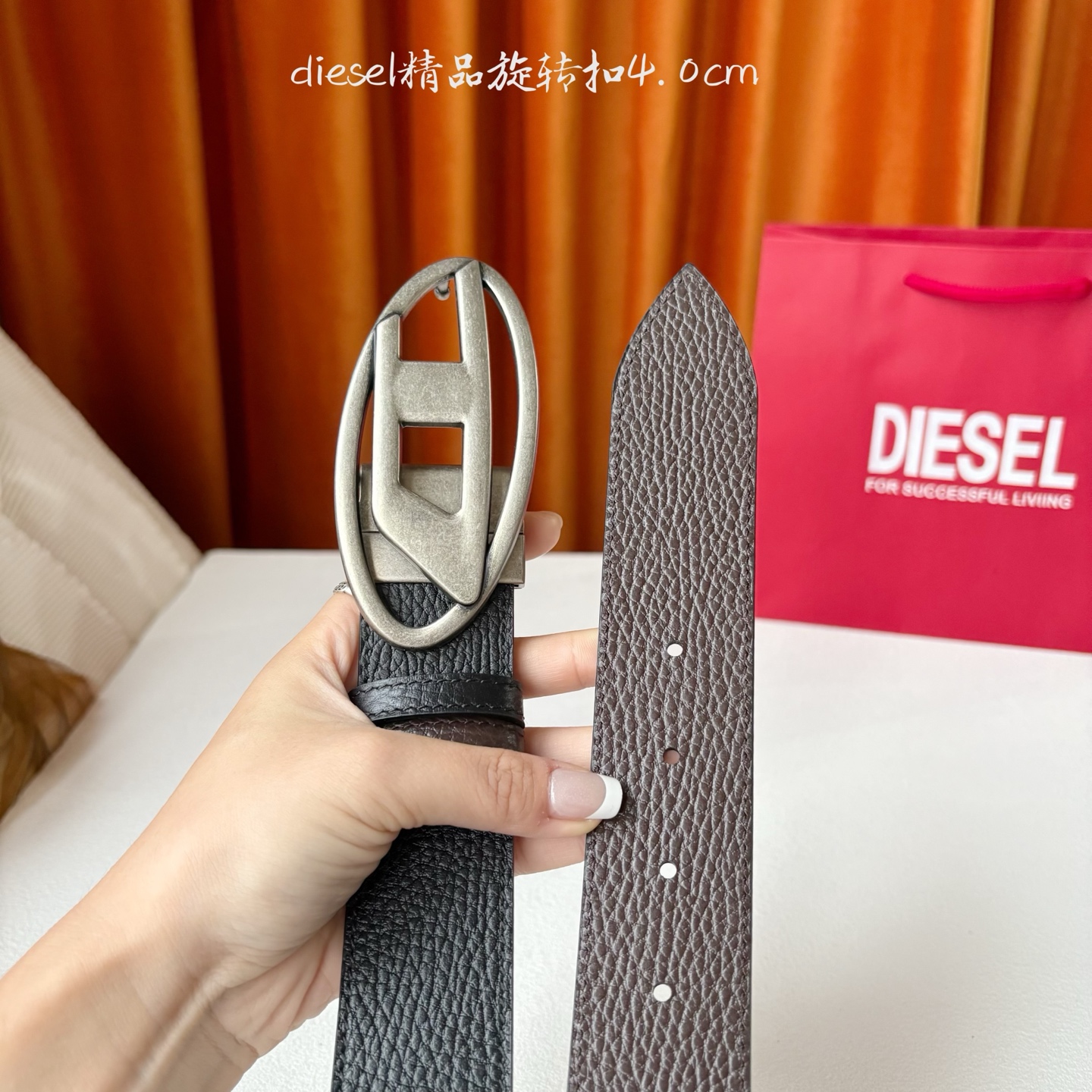 Diesel新款logo扣环皮质腰带 进口双面荔枝纹 精品旋转扣 双面可用 宽4.0cm