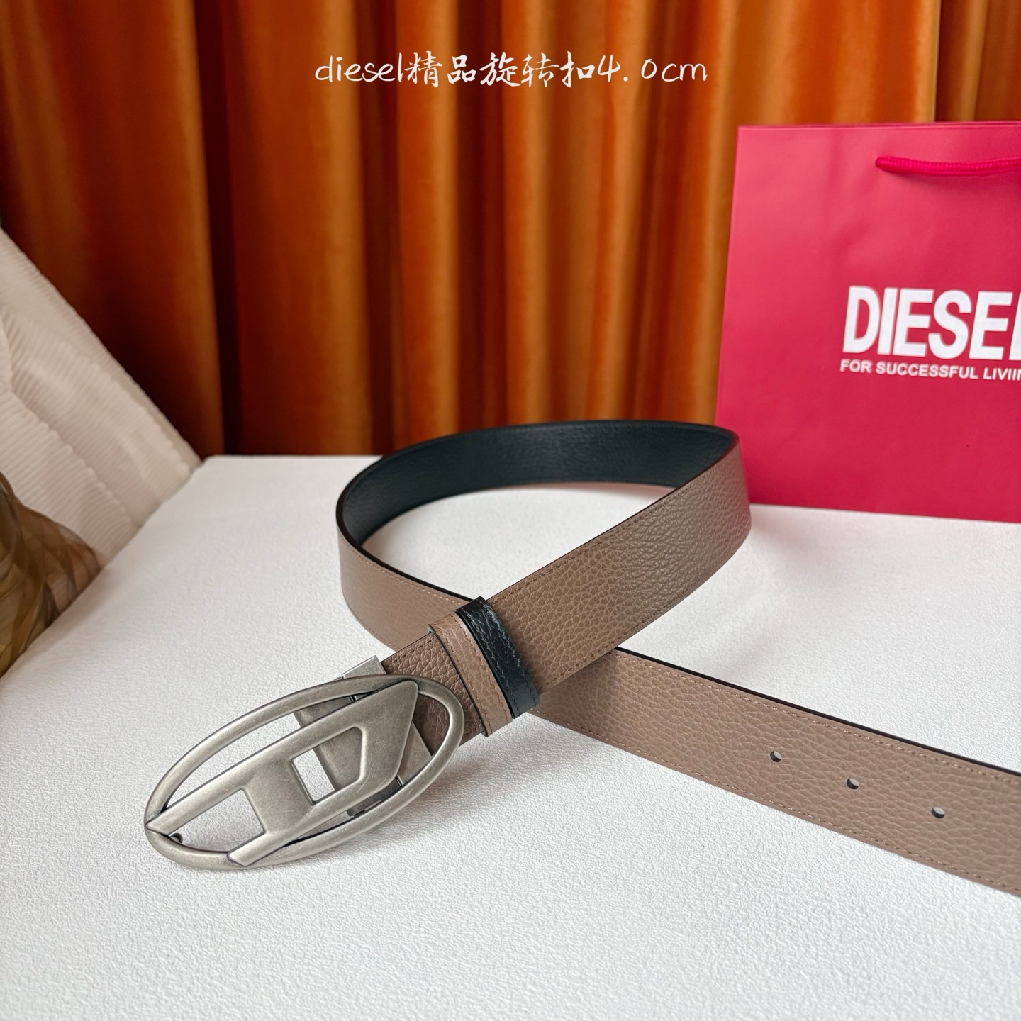 Diesel新款logo扣环皮质腰带 进口双面荔枝纹 精品旋转扣 双面可用 宽4.0cm