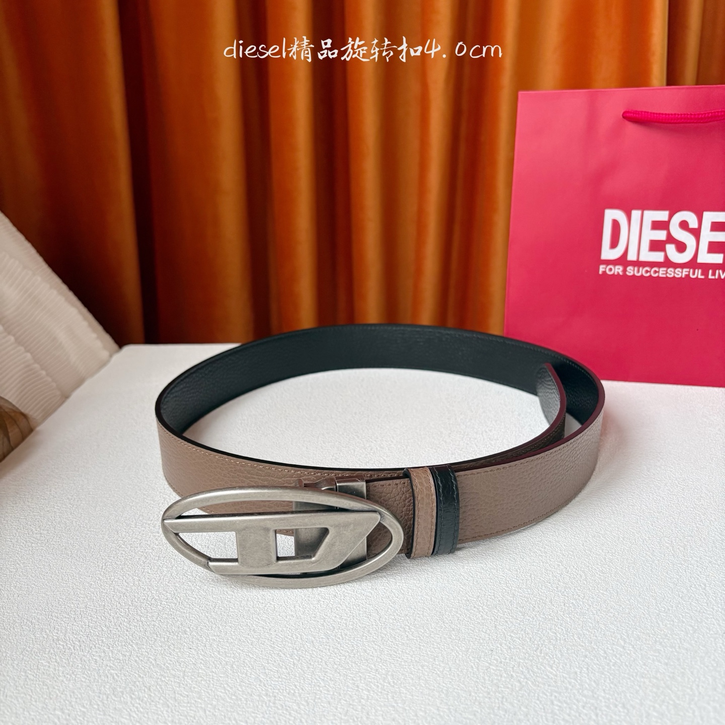 Diesel新款logo扣环皮质腰带 进口双面荔枝纹 精品旋转扣 双面可用 宽4.0cm