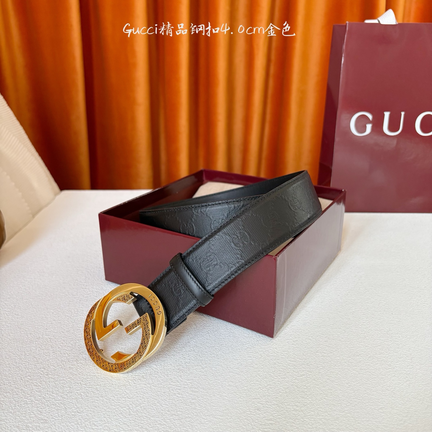Gucci 经典款原版黑色压花面 搭配原版皮底 精品钢扣 宽4.0 Cm 经典永不过时款 潮流大方 时尚