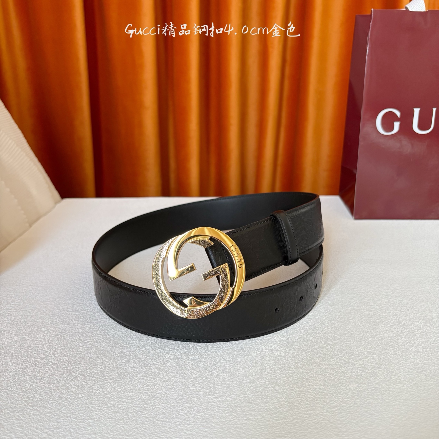 Gucci 经典款原版黑色压花面 搭配原版皮底 精品钢扣 宽4.0 Cm 经典永不过时款 潮流大方 时尚