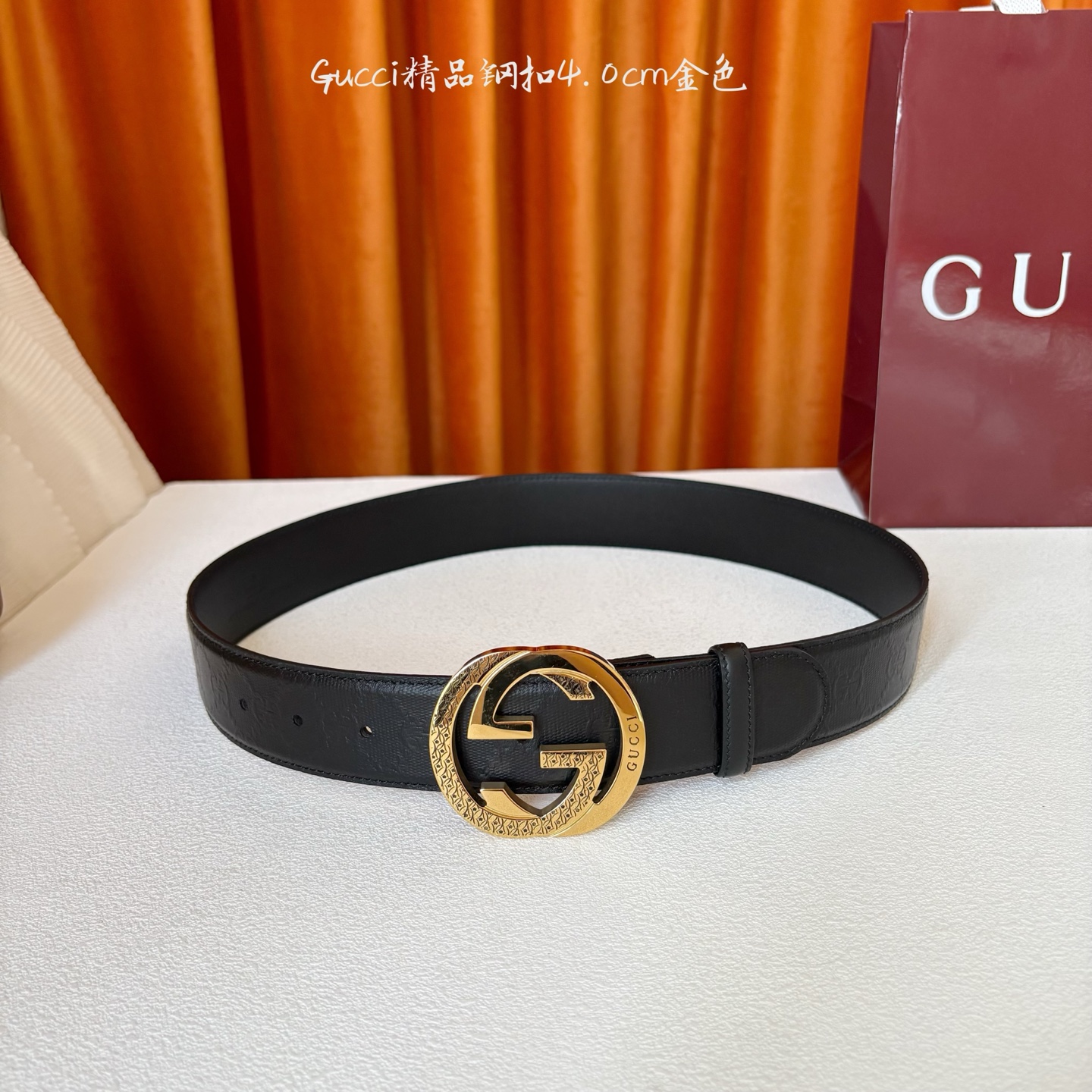 Gucci 经典款原版黑色压花面 搭配原版皮底 精品钢扣 宽4.0 Cm 经典永不过时款 潮流大方 时尚