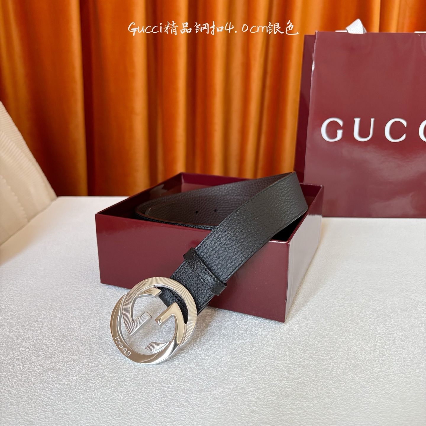 Gucci 经典款原版黑色荔枝纹面 搭配原版咖色荔枝纹底 精品钢扣 宽4.0 Cm 经典永不过时款 潮流