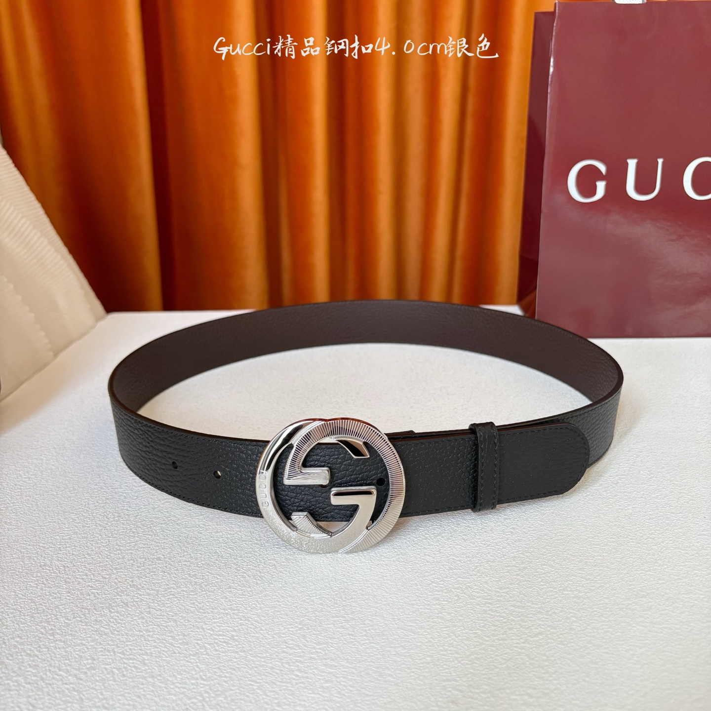 Gucci 经典款原版黑色荔枝纹面 搭配原版咖色荔枝纹底 精品钢扣 宽4.0 Cm 经典永不过时款 潮流