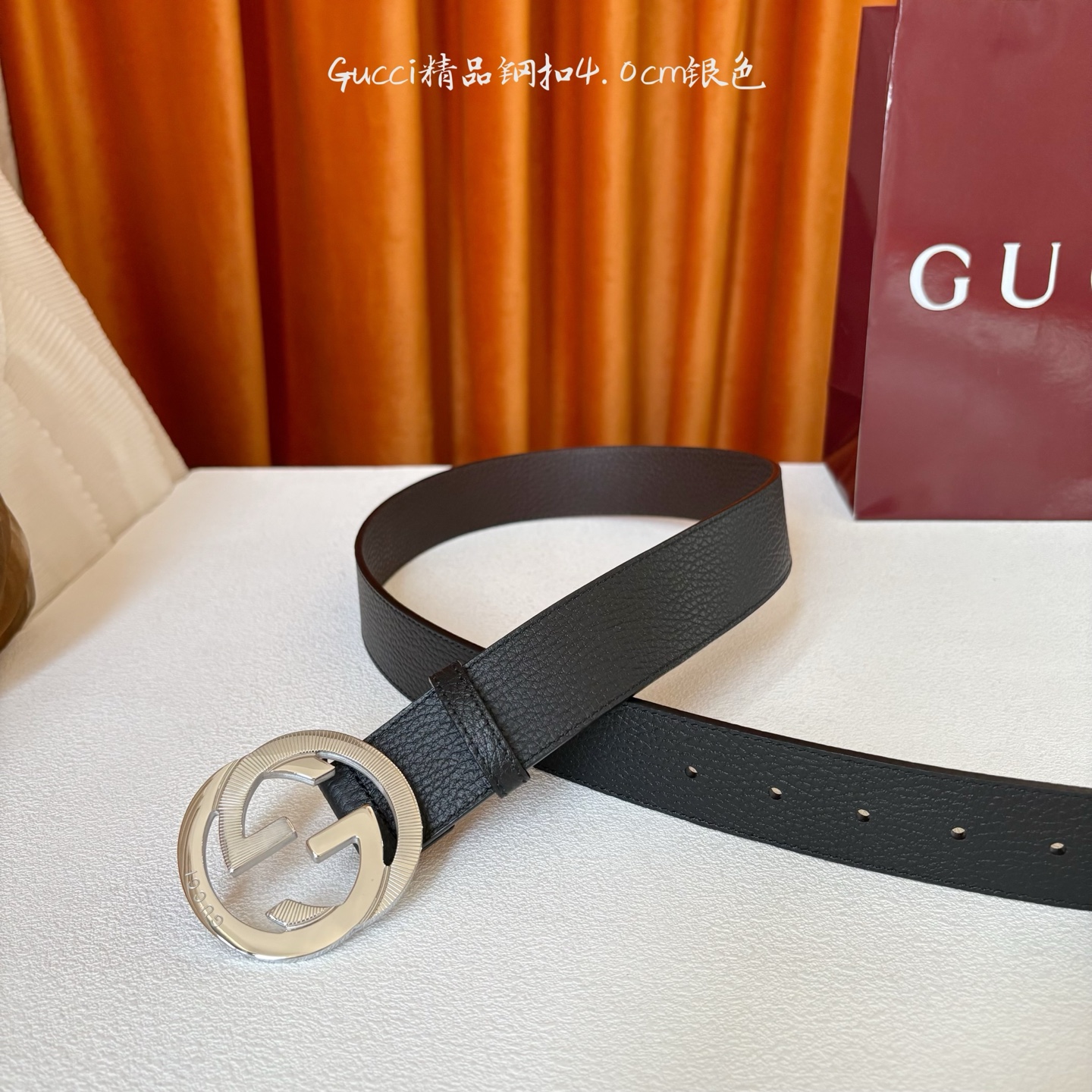 Gucci 经典款原版黑色荔枝纹面 搭配原版咖色荔枝纹底 精品钢扣 宽4.0 Cm 经典永不过时款 潮流